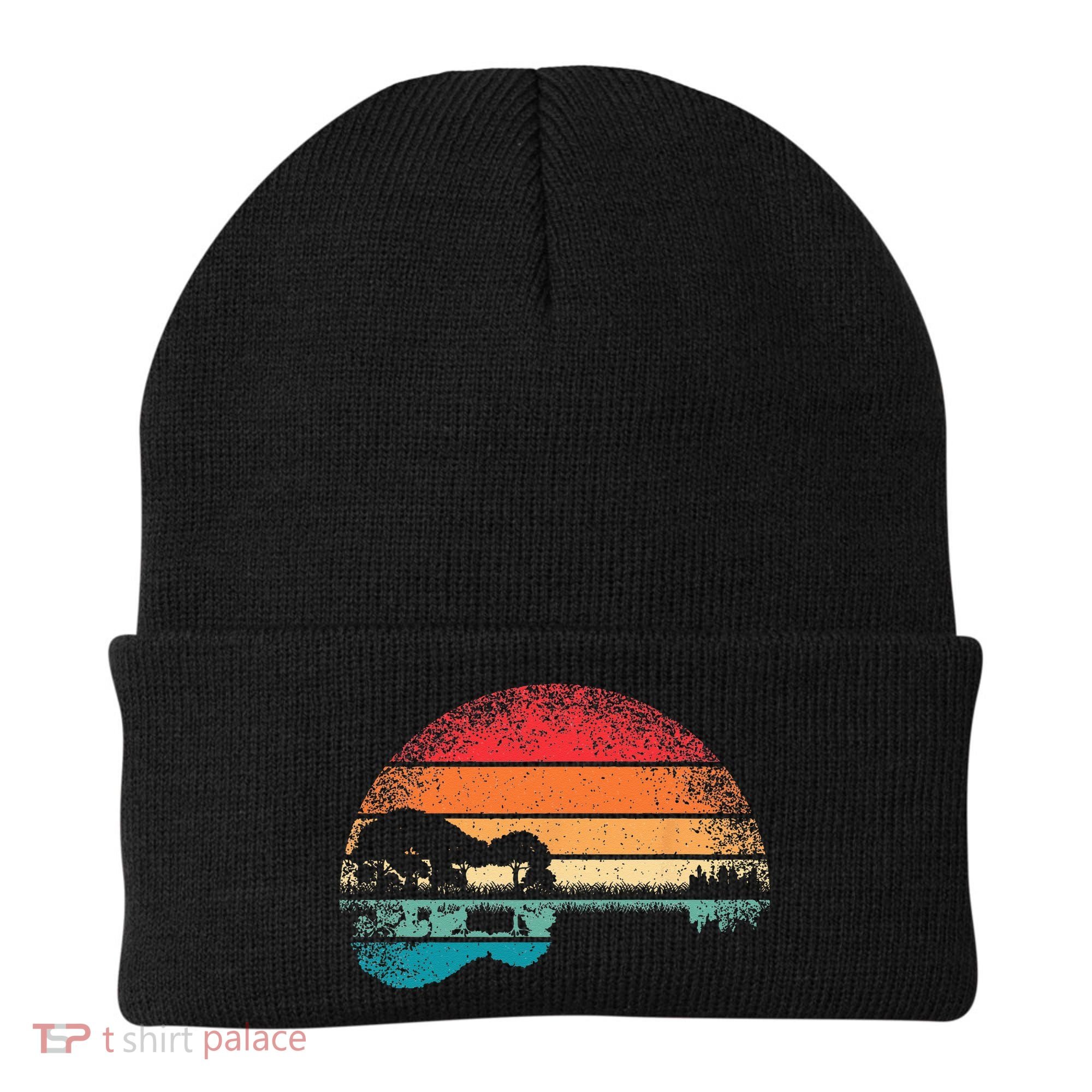 Retro Acoustic Guitar Lake Sunset Guitarist Music Lover Rock Beanie