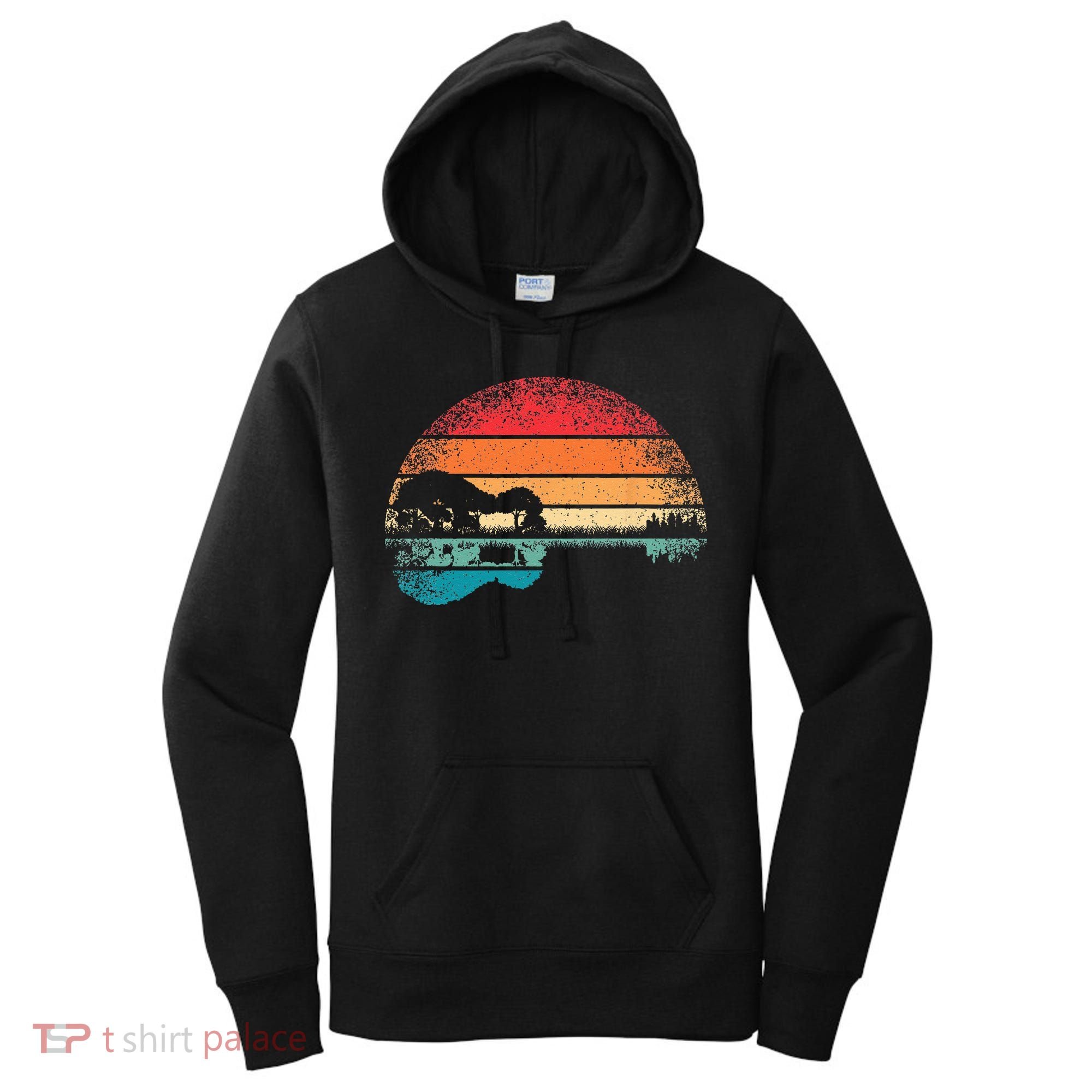 Retro Acoustic Guitar Lake Sunset Guitarist Music Lover Rock Women's Hoodie