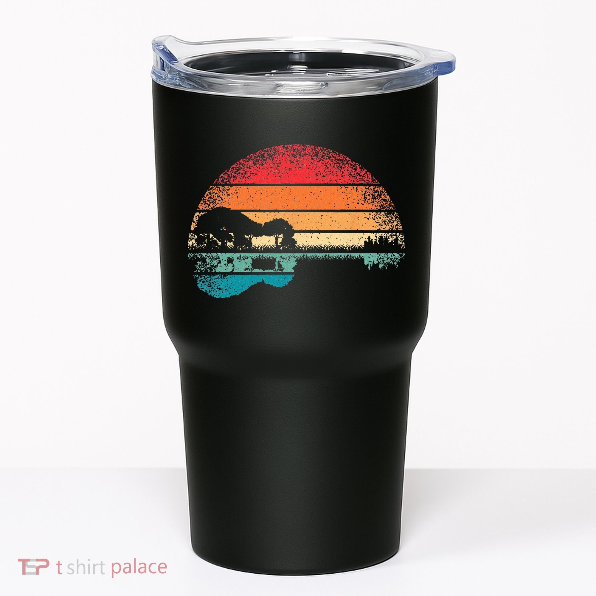 Retro Acoustic Guitar Lake Sunset Guitarist Music Lover Rock Tumbler