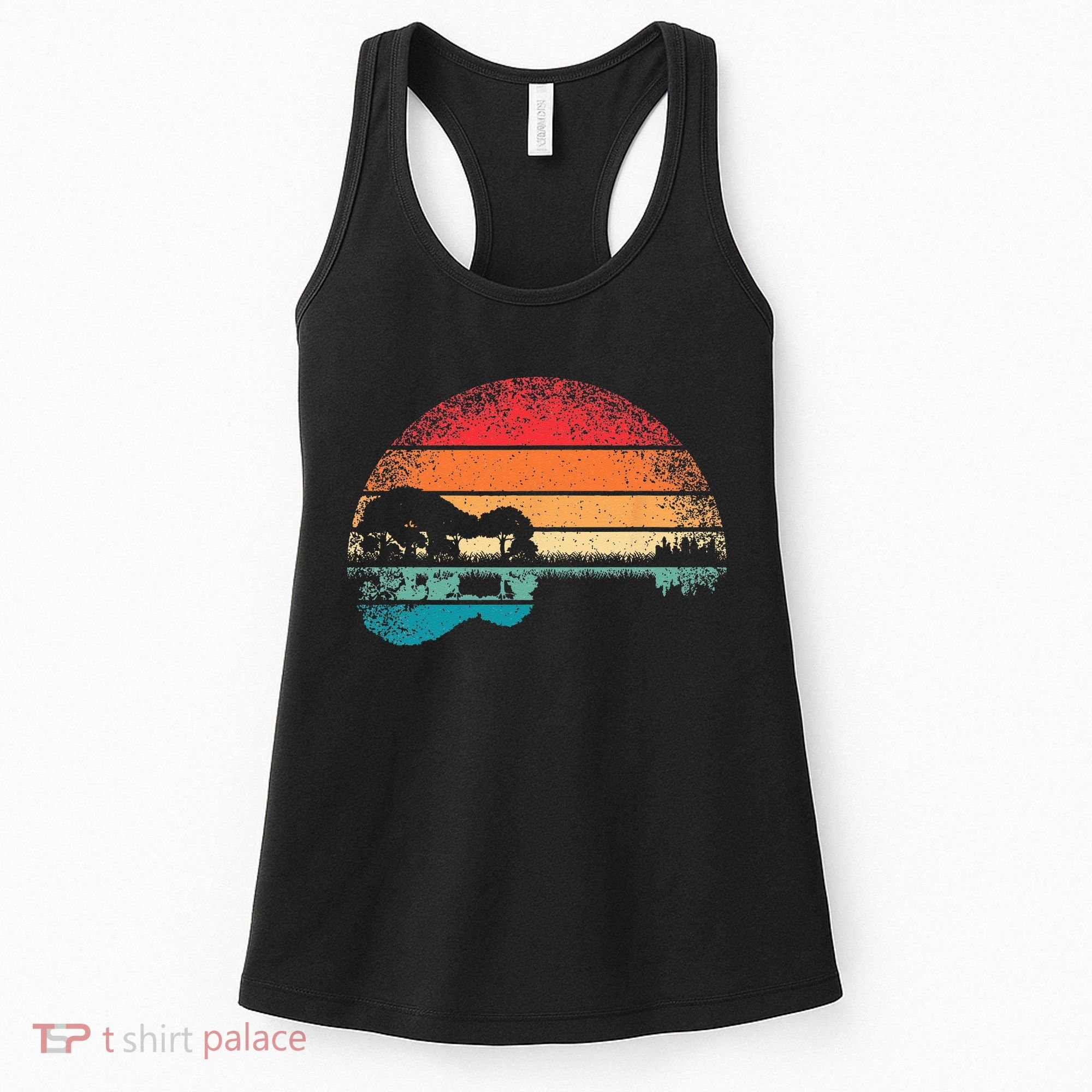 Retro Acoustic Guitar Lake Sunset Guitarist Music Lover Rock Women's Tank Top