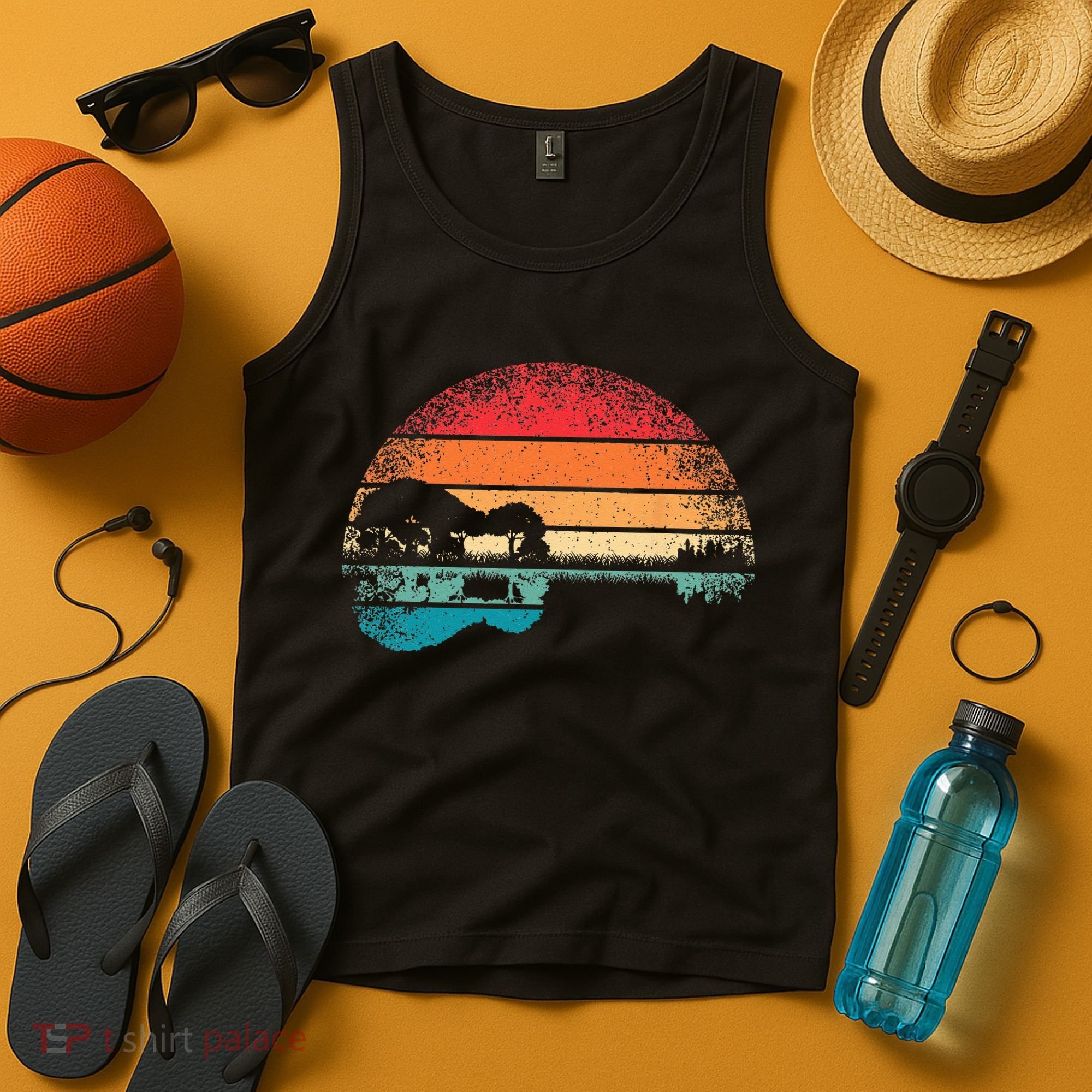 Retro Acoustic Guitar Lake Sunset Guitarist Music Lover Rock Tank Top