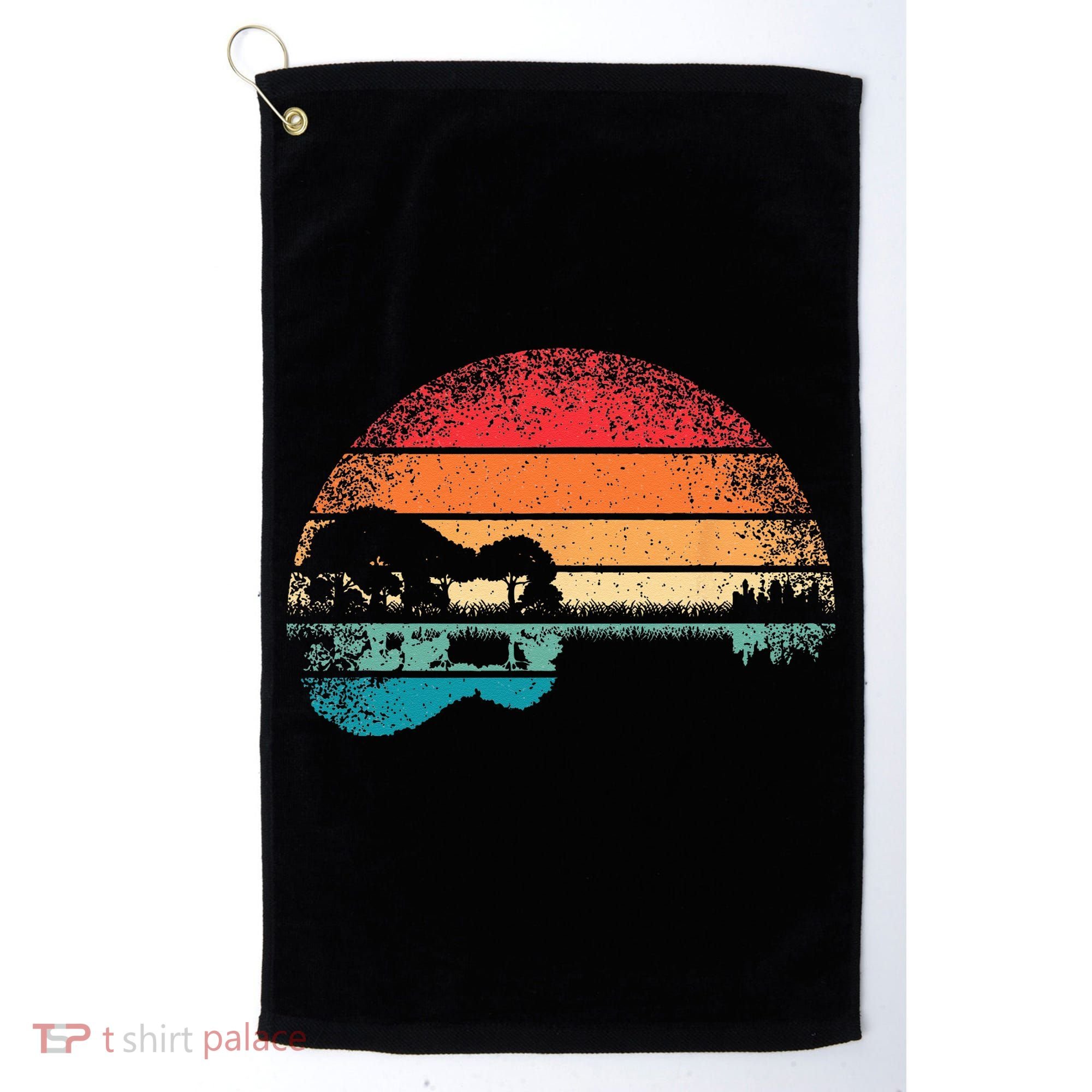 Retro Acoustic Guitar Lake Sunset Guitarist Music Lover Rock Golf Towel