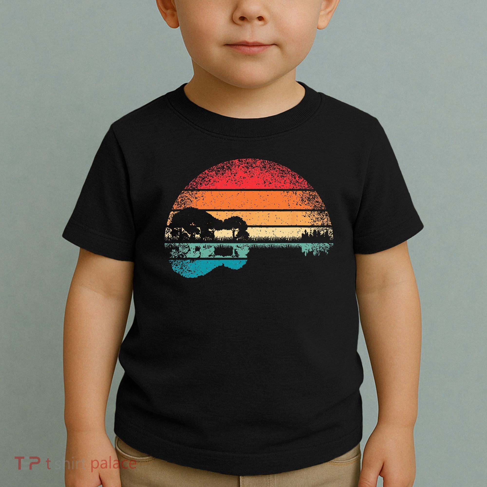 Retro Acoustic Guitar Lake Sunset Guitarist Music Lover Rock Toddler T-Shirt