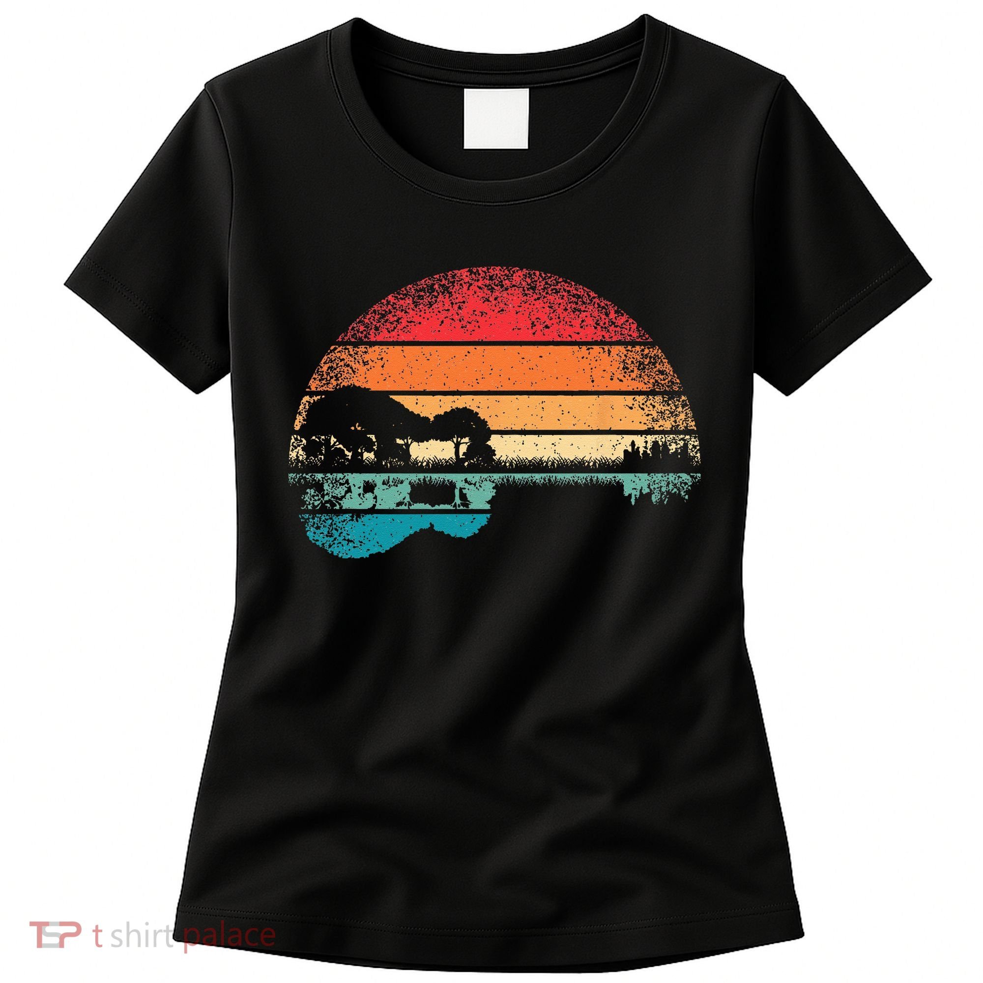 Retro Acoustic Guitar Lake Sunset Guitarist Music Lover Rock Women's T-Shirt
