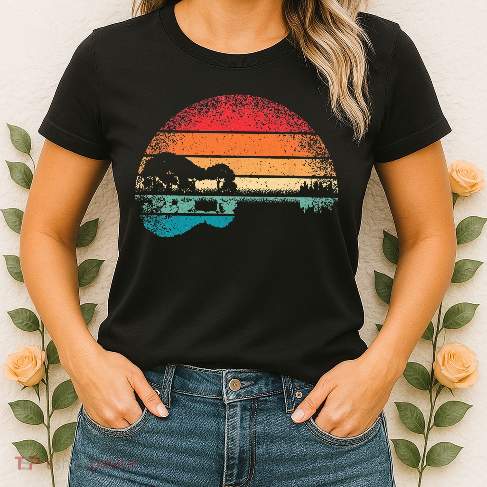 Retro Acoustic Guitar Lake Sunset Guitarist Music Lover Rock Women's T-Shirt