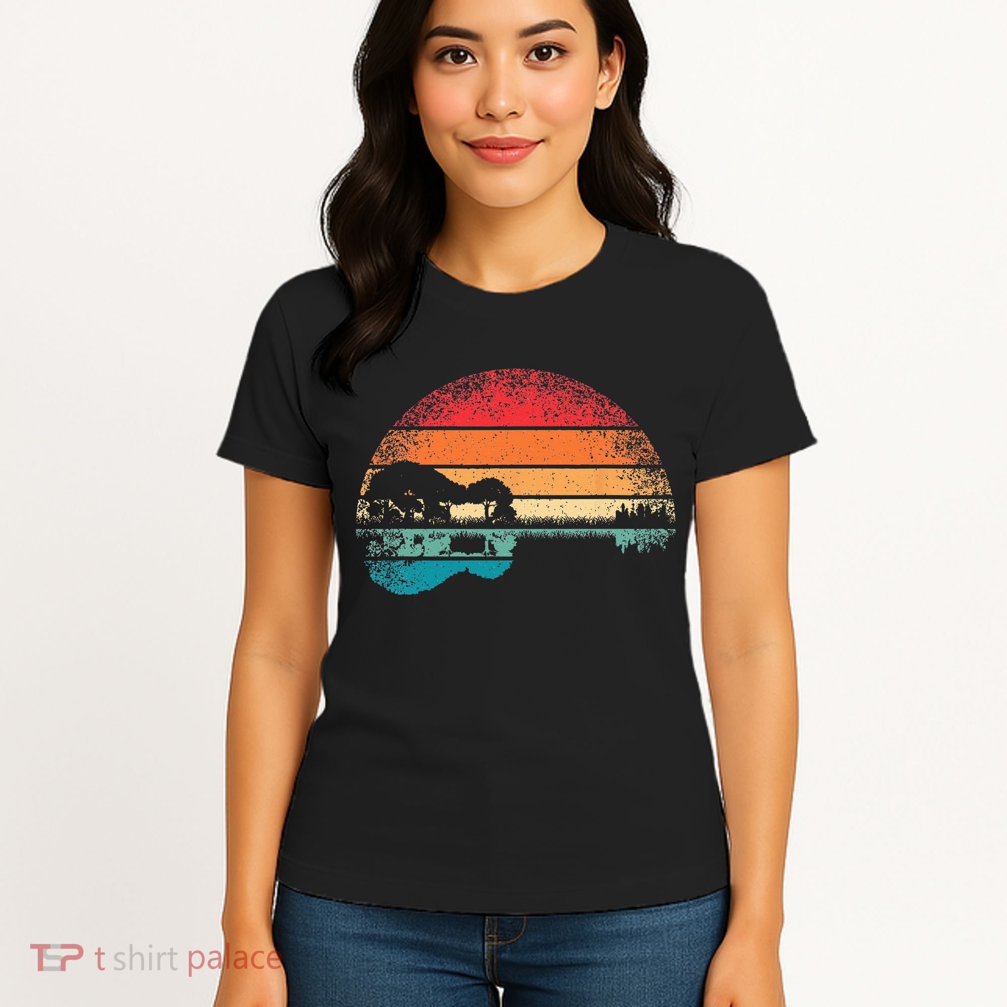 Retro Acoustic Guitar Lake Sunset Guitarist Music Lover Rock Women's T-Shirt