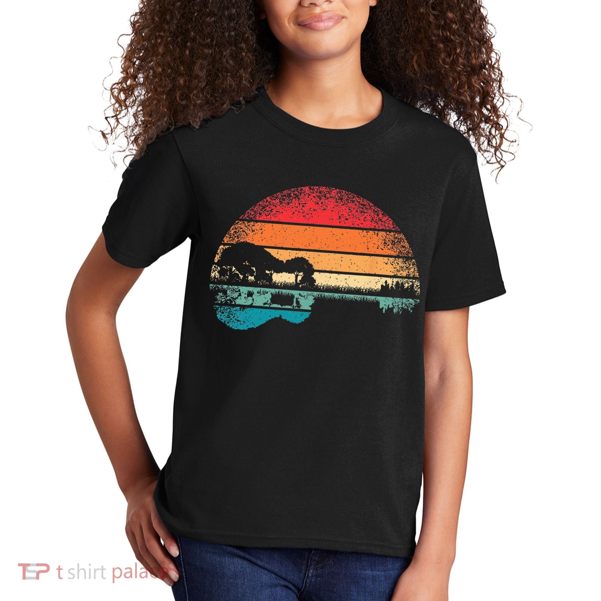 Retro Acoustic Guitar Lake Sunset Guitarist Music Lover Rock Kids T-Shirt