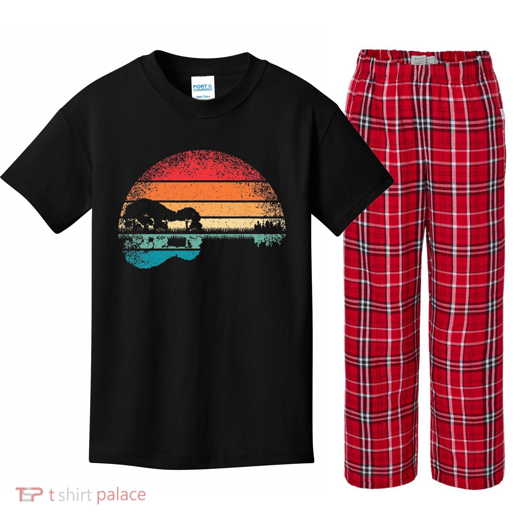 Retro Acoustic Guitar Lake Sunset Guitarist Music Lover Rock Kids Plaid Pajama Set
