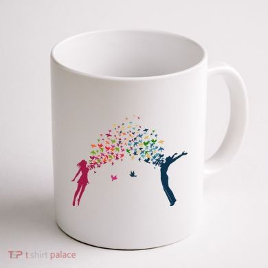 Rainbow Bird Flock Boy And Girl Coffee Mug back