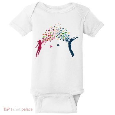 Rainbow Bird Flock Boy And Girl Baby Bodysuit