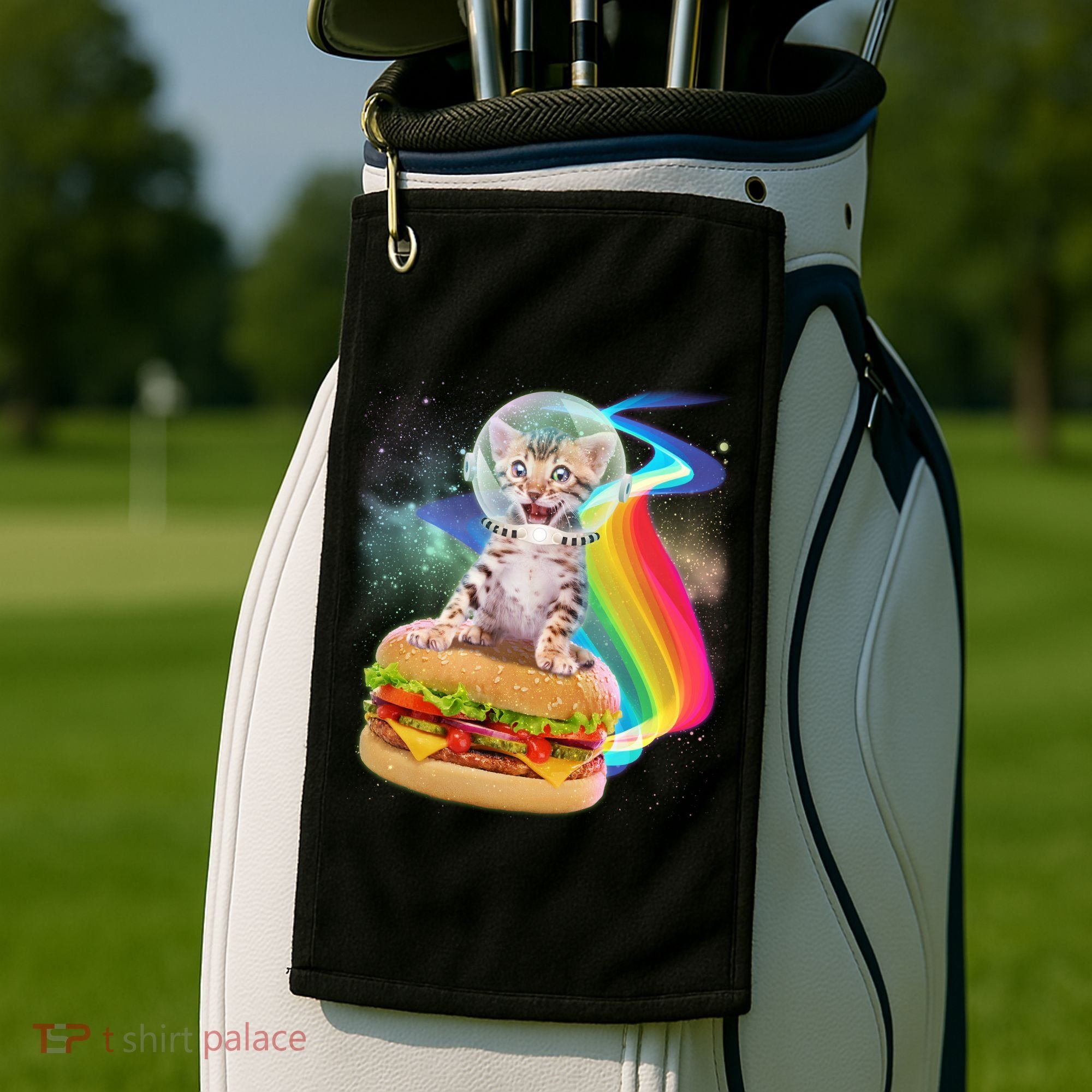 Rainbow Burger Space Cat Golf Towel