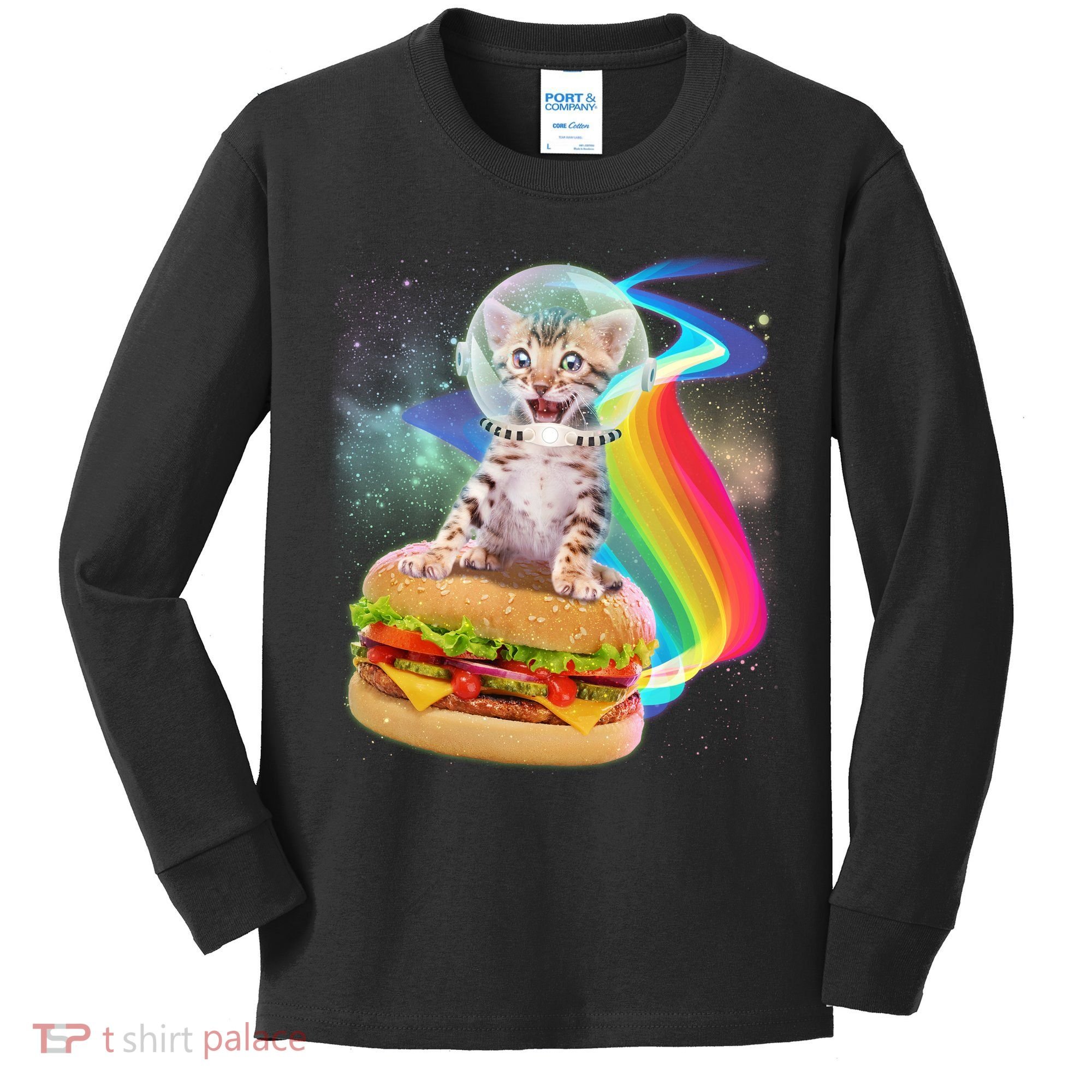 Rainbow Burger Space Cat Kids Long Sleeve Shirt