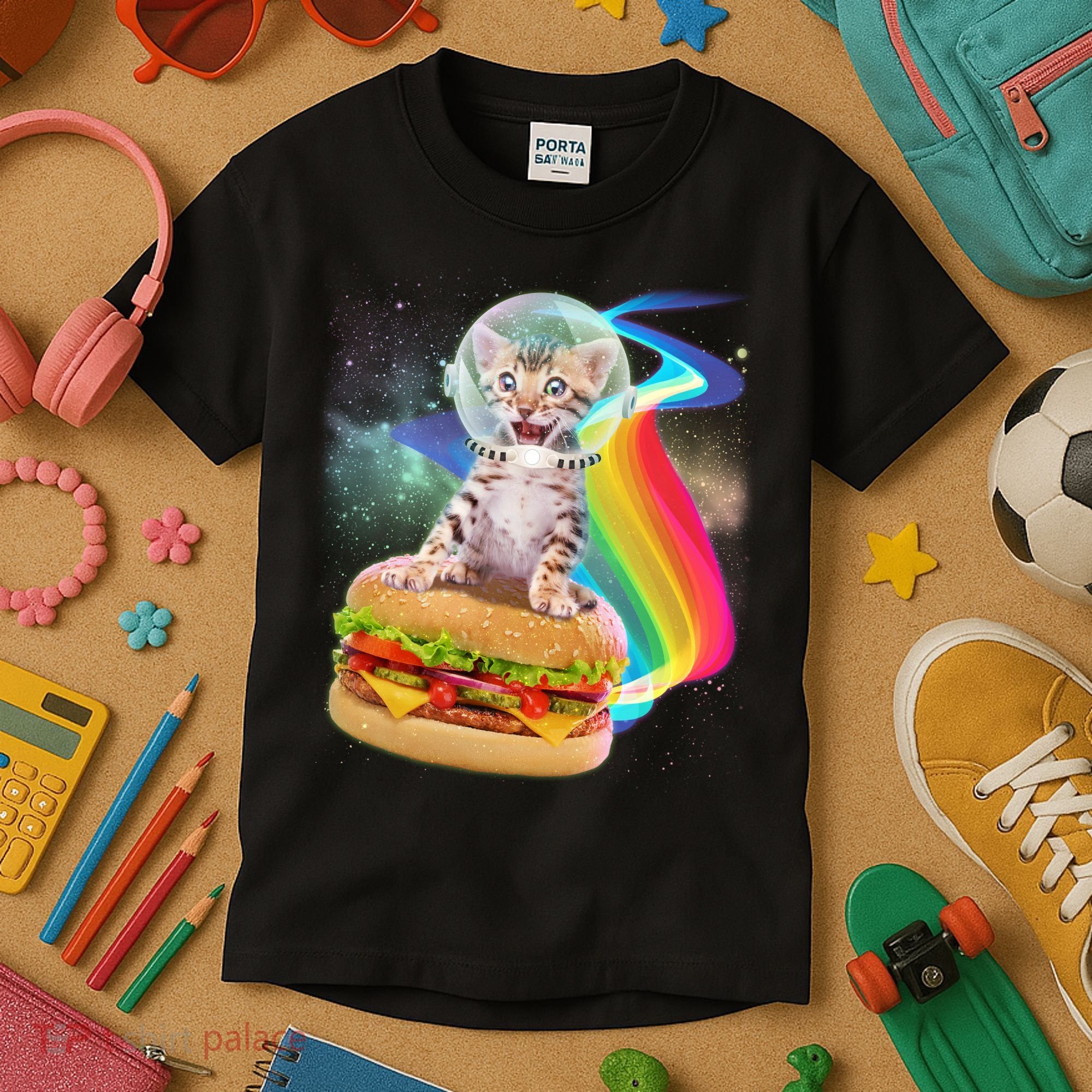 Rainbow Burger Space Cat Kids T-Shirt