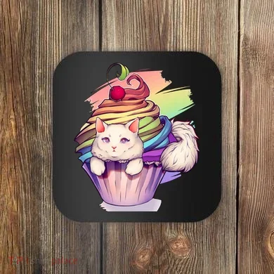 Rainbow Cupcake Kitten Cute Cat Coaster