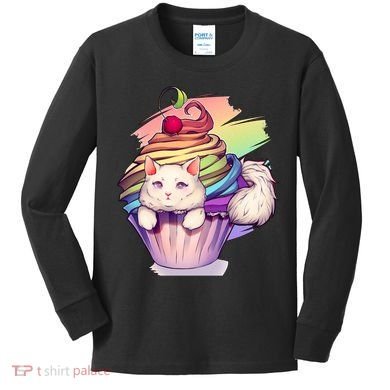 Rainbow Cupcake Kitten Cute Cat Kids Long Sleeve Shirt