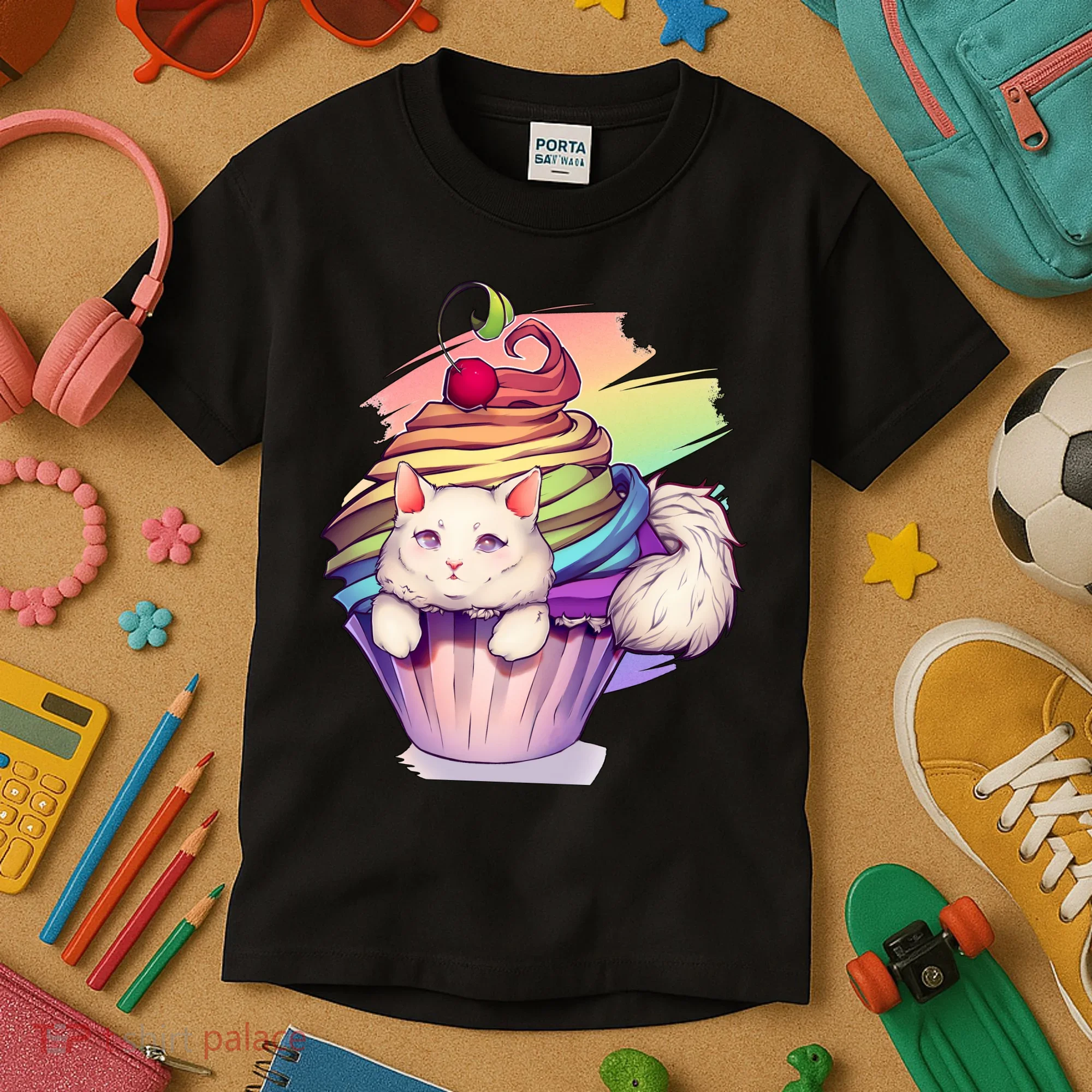 Rainbow Cupcake Kitten Cute Cat Kids T-Shirt