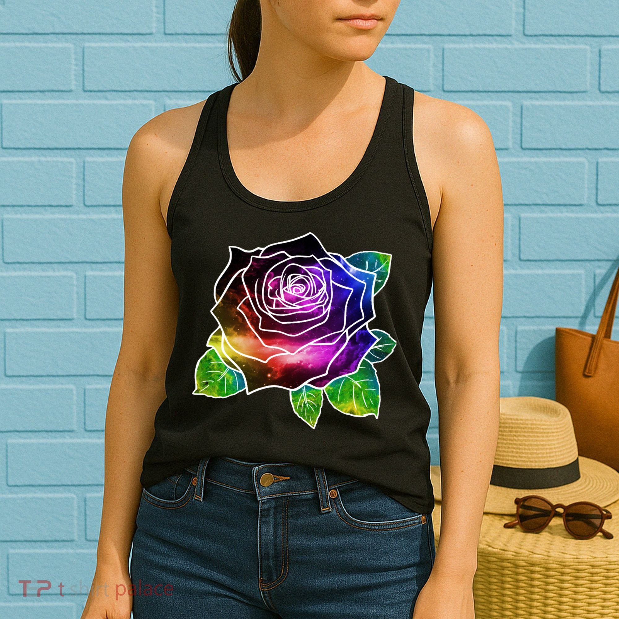 Rainbow Galaxy Floral Rose Women's Tank Top