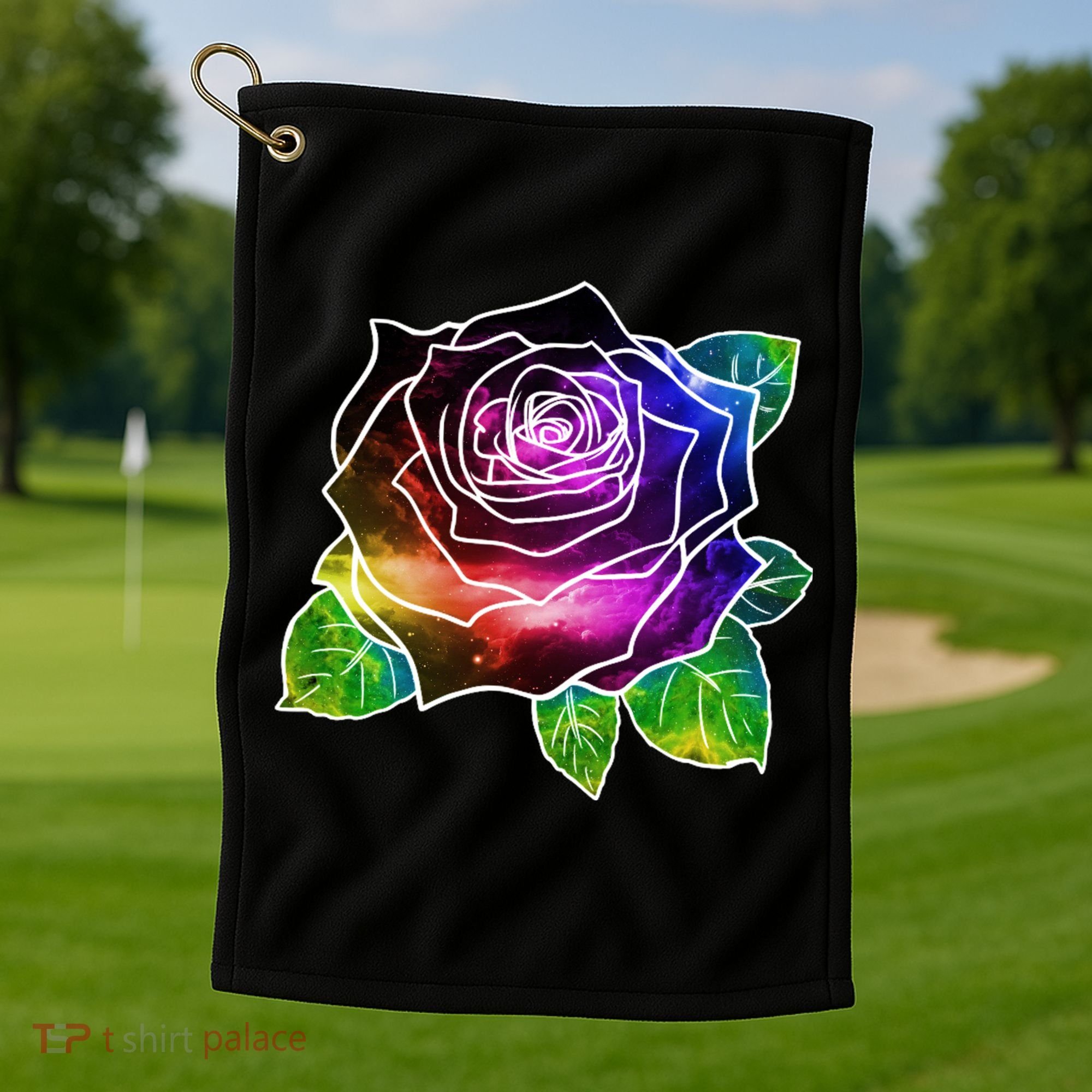 Rainbow Galaxy Floral Rose Golf Towel