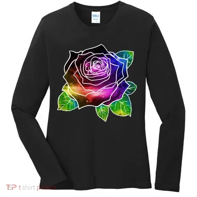 Rainbow Galaxy Floral Rose Women's Long Sleeve Shirt