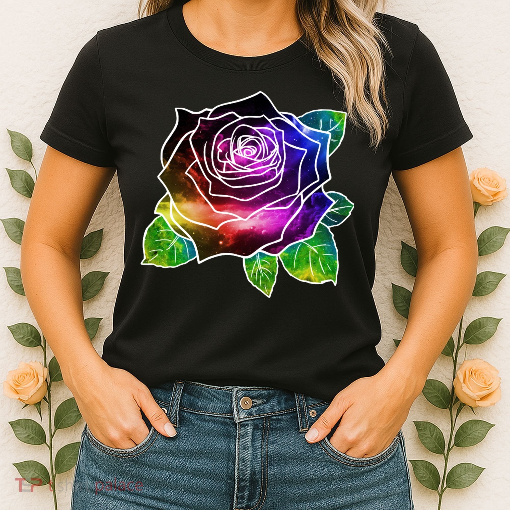 Rainbow Galaxy Floral Rose Women's T-Shirt