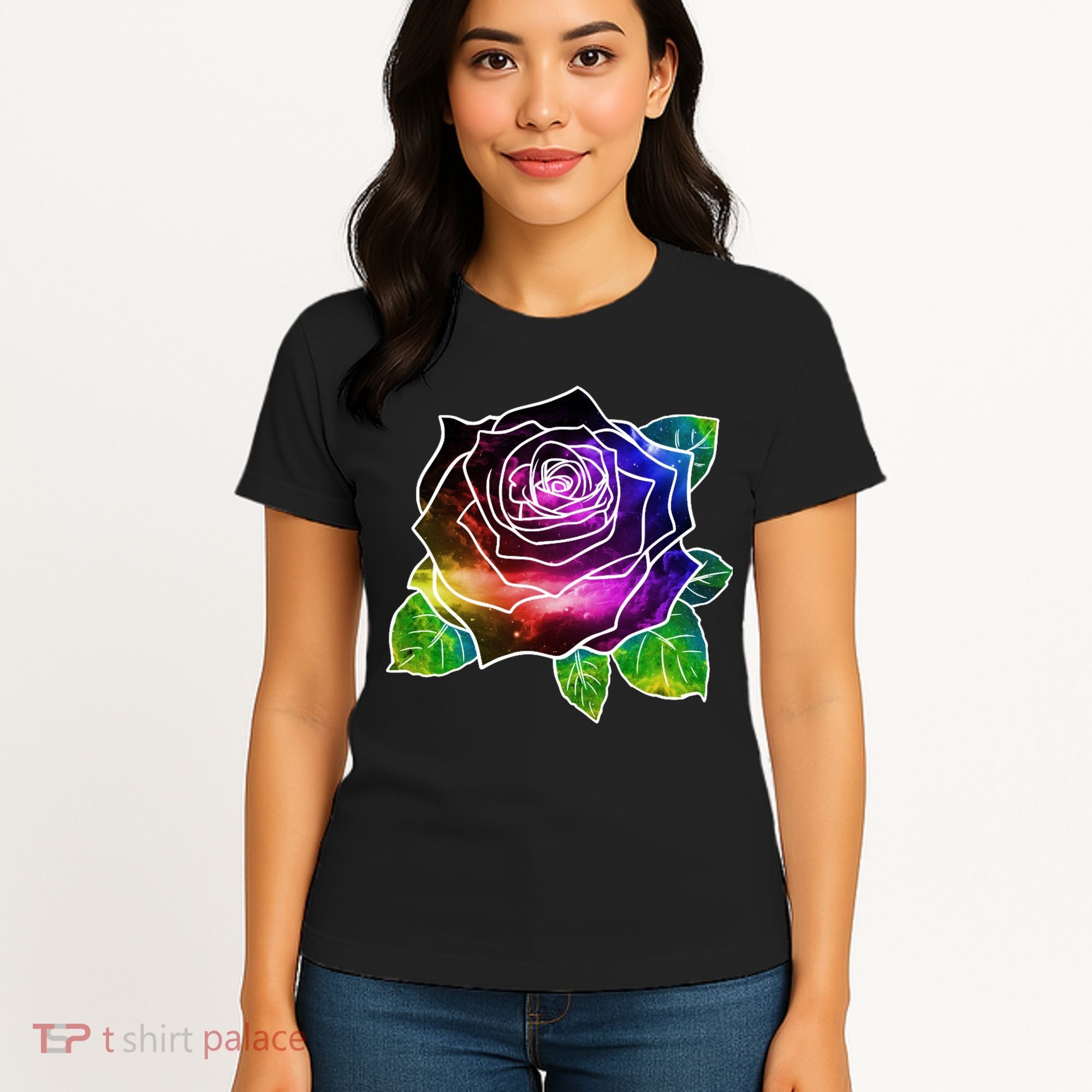 Rainbow Galaxy Floral Rose Women's T-Shirt