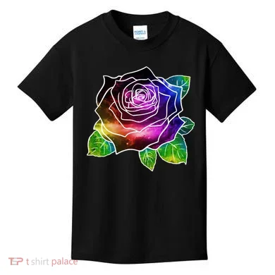 Rainbow Galaxy Floral Rose Kids T-Shirt