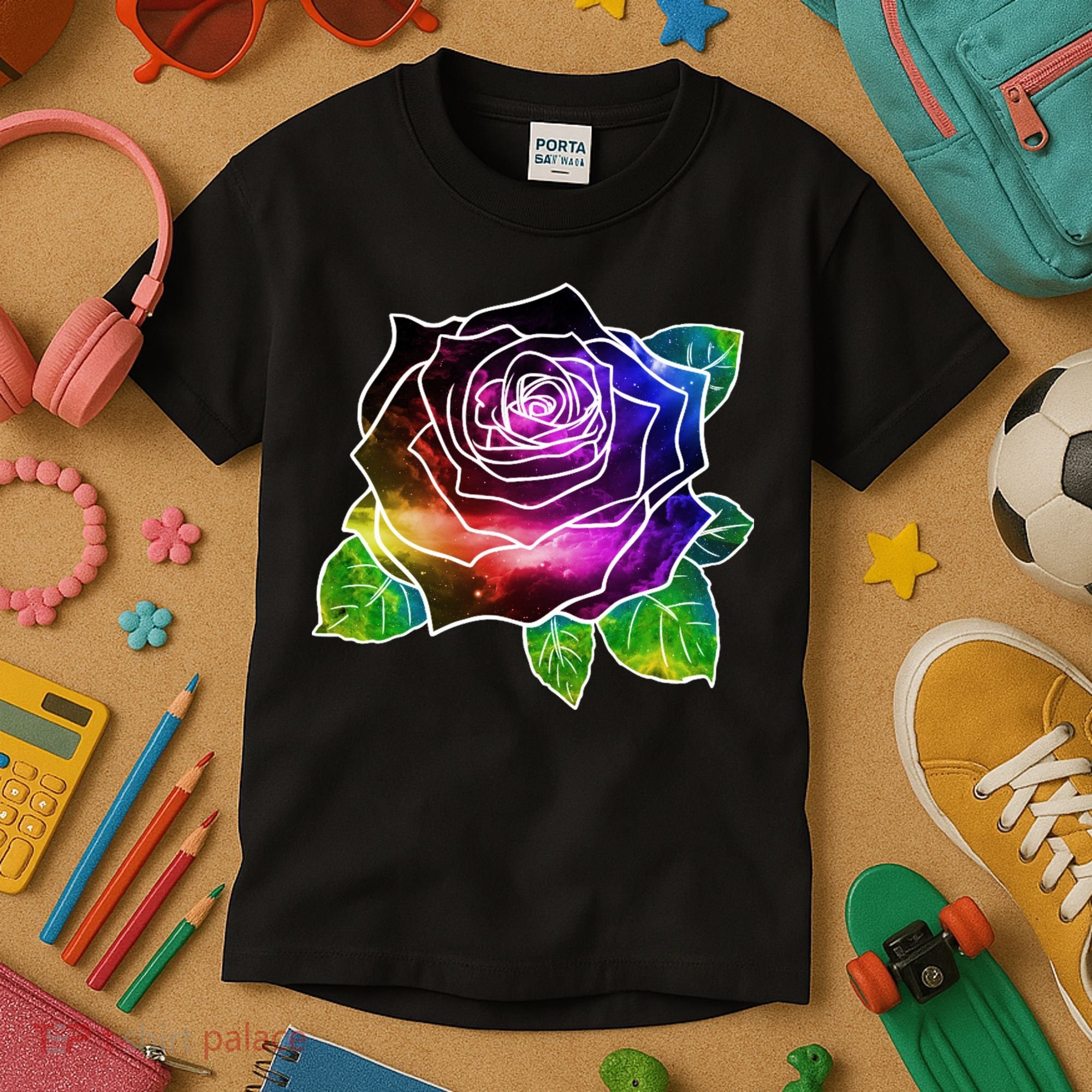 Rainbow Galaxy Floral Rose Kids T-Shirt