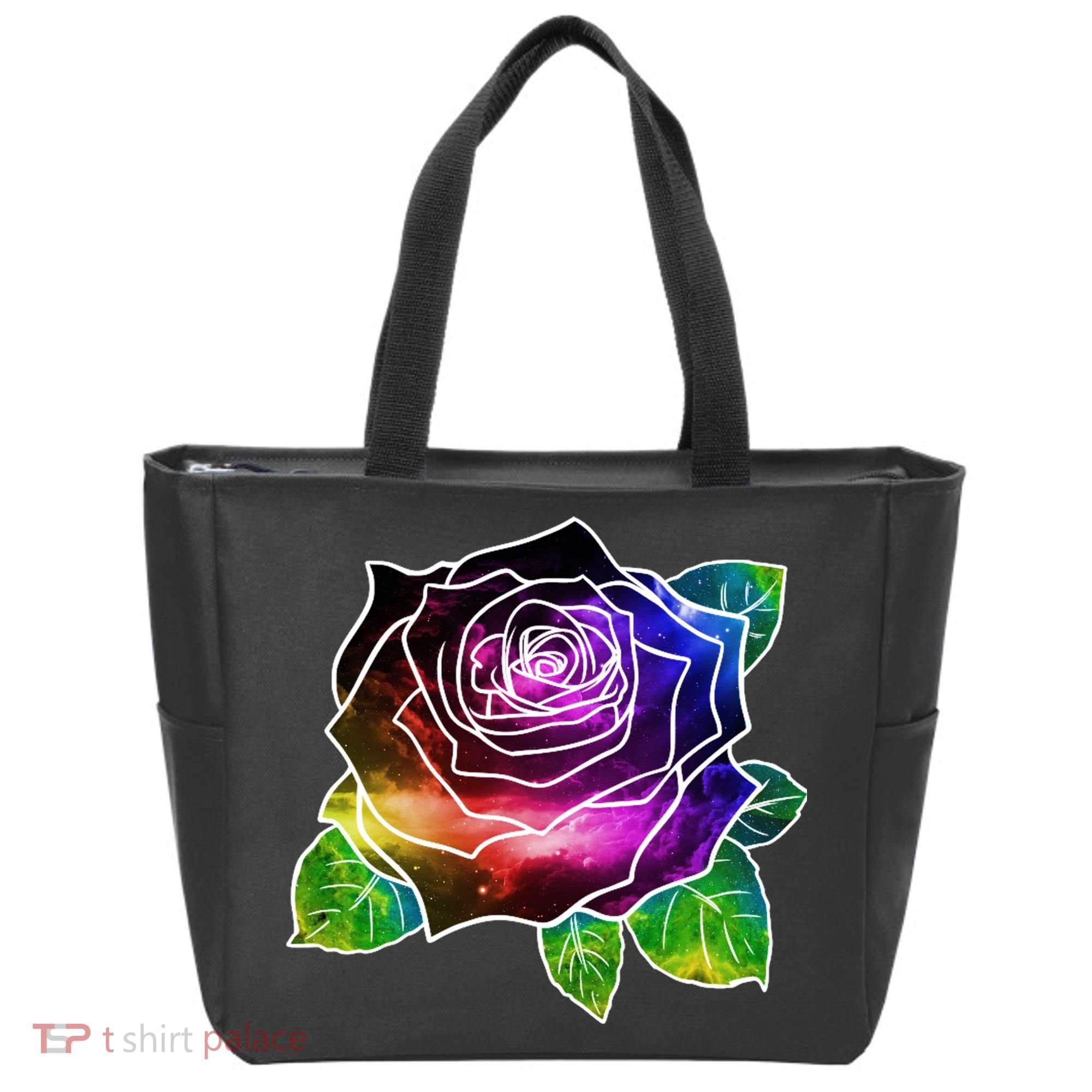 Rainbow Galaxy Floral Rose Tote Bag
