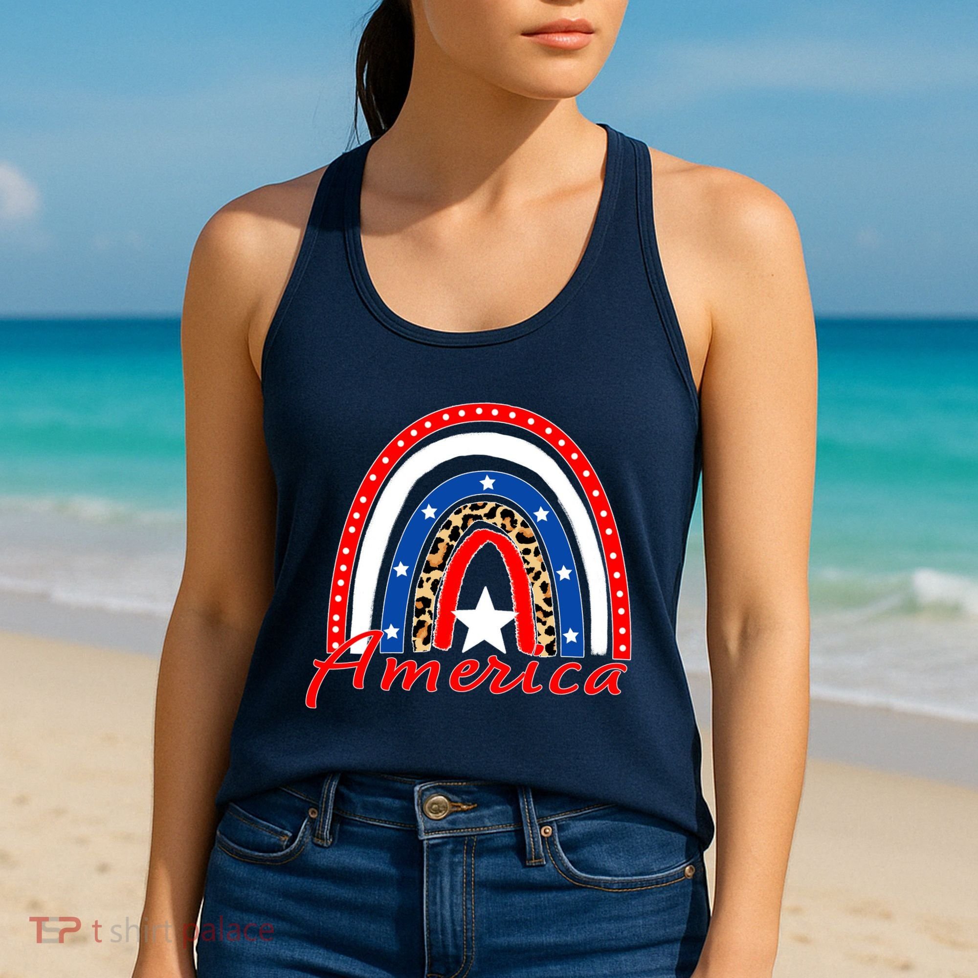 Rainbow Leopard American Flag 4th of July Women's Tank Top