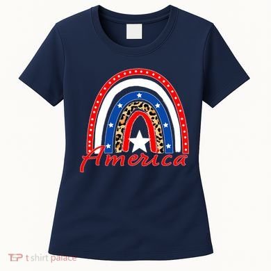 Rainbow Leopard American Flag 4th of July Women's T-Shirt