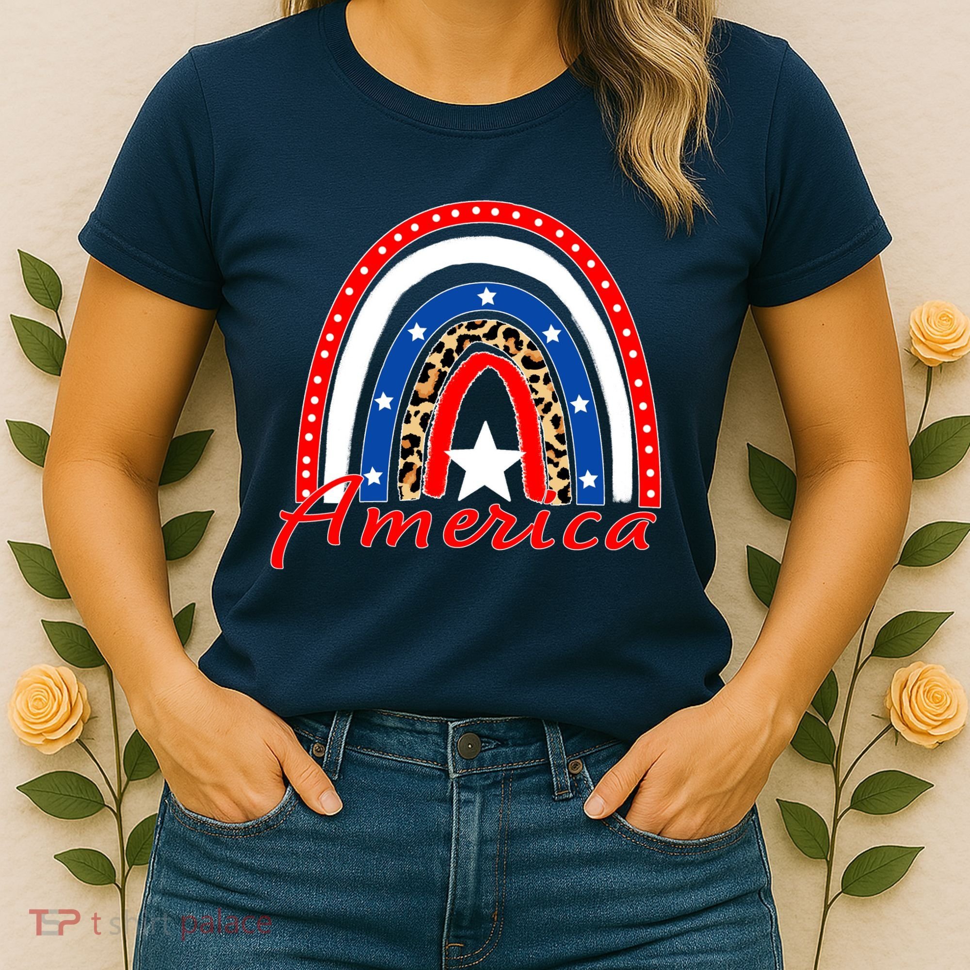 Rainbow Leopard American Flag 4th of July Women's T-Shirt