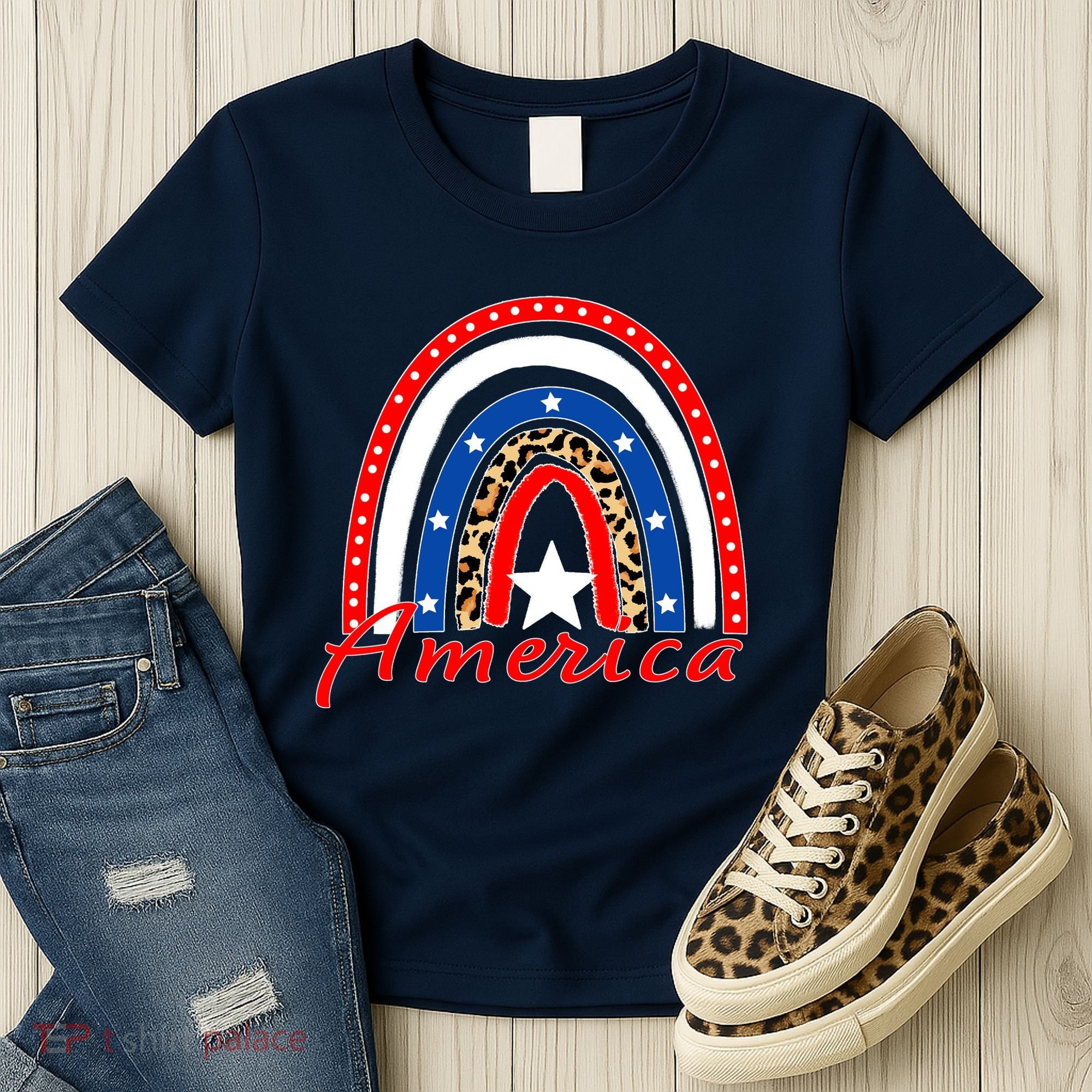 Rainbow Leopard American Flag 4th of July Women's T-Shirt