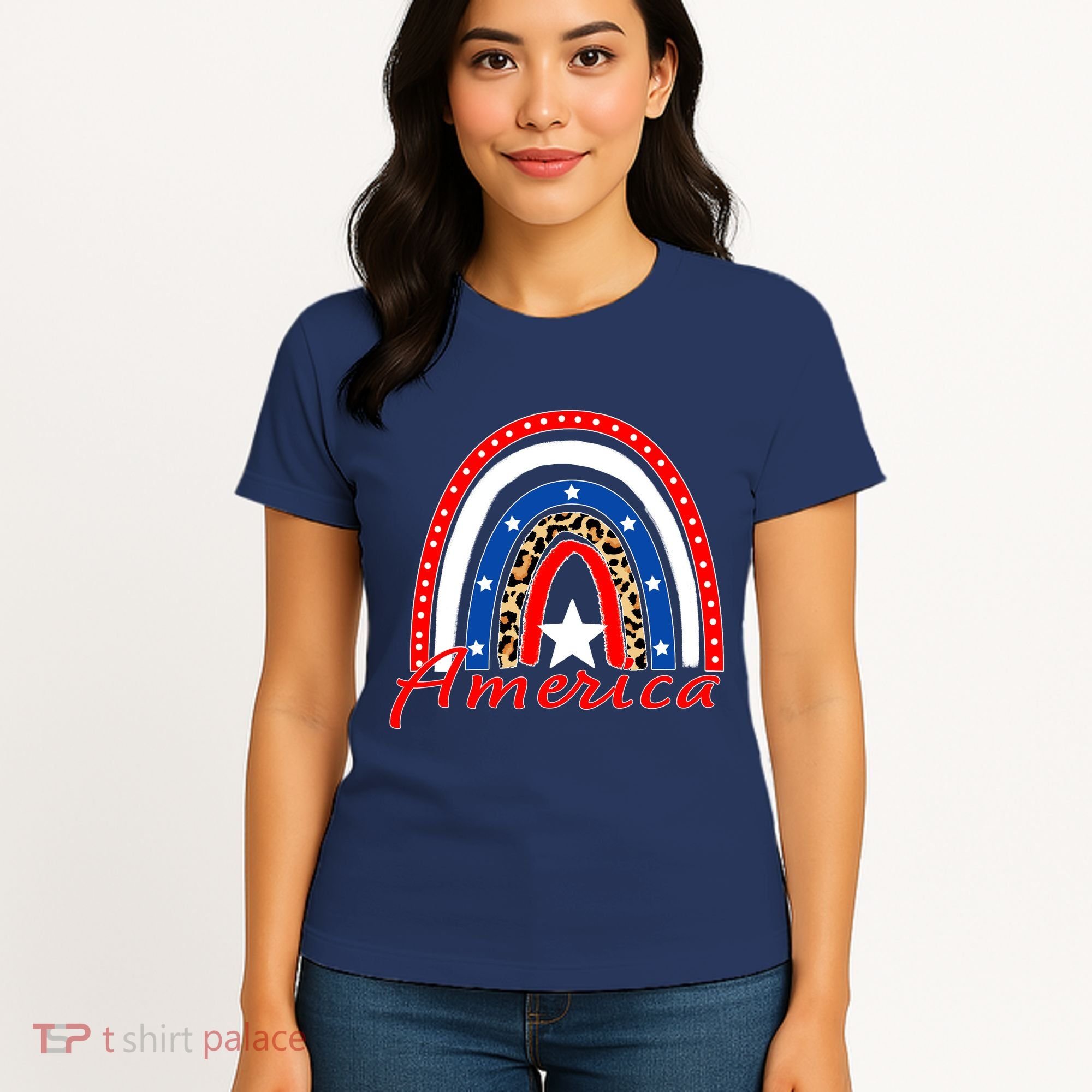 Rainbow Leopard American Flag 4th of July Women's T-Shirt