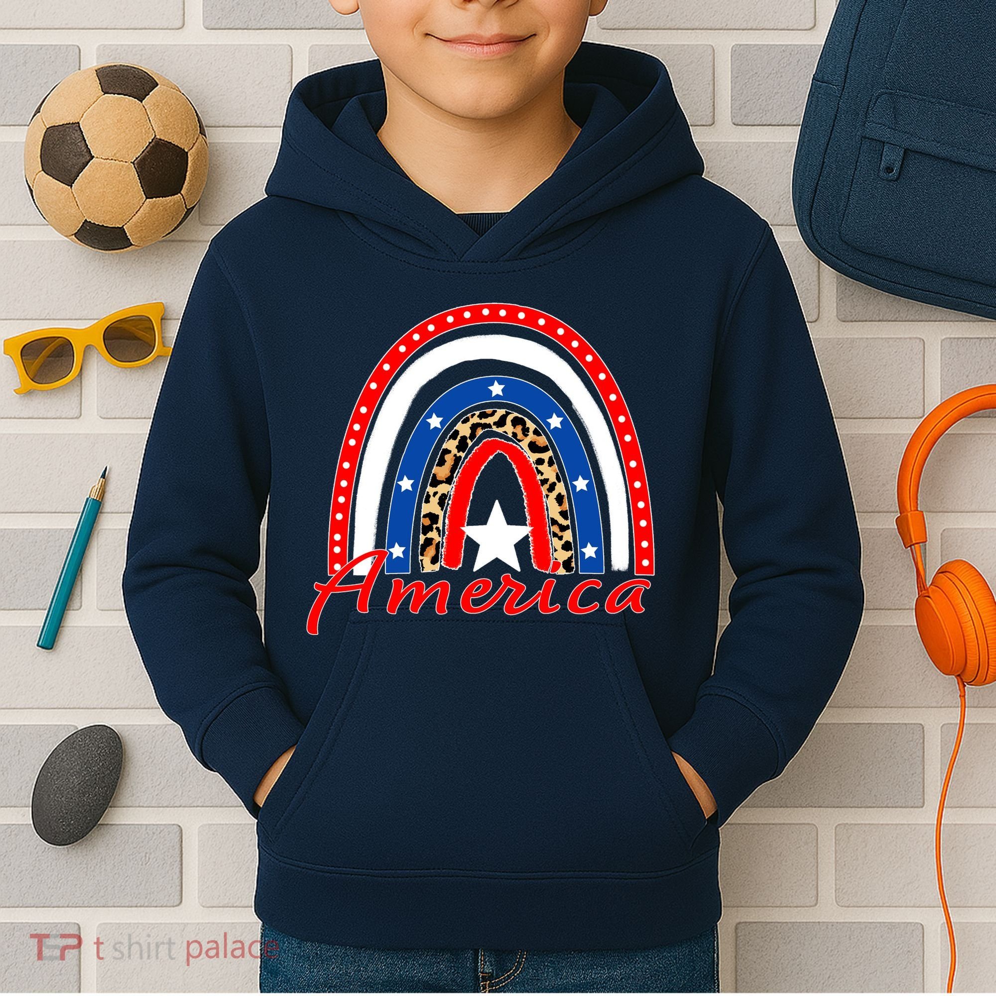 Rainbow Leopard American Flag 4th of July Kids Hoodie
