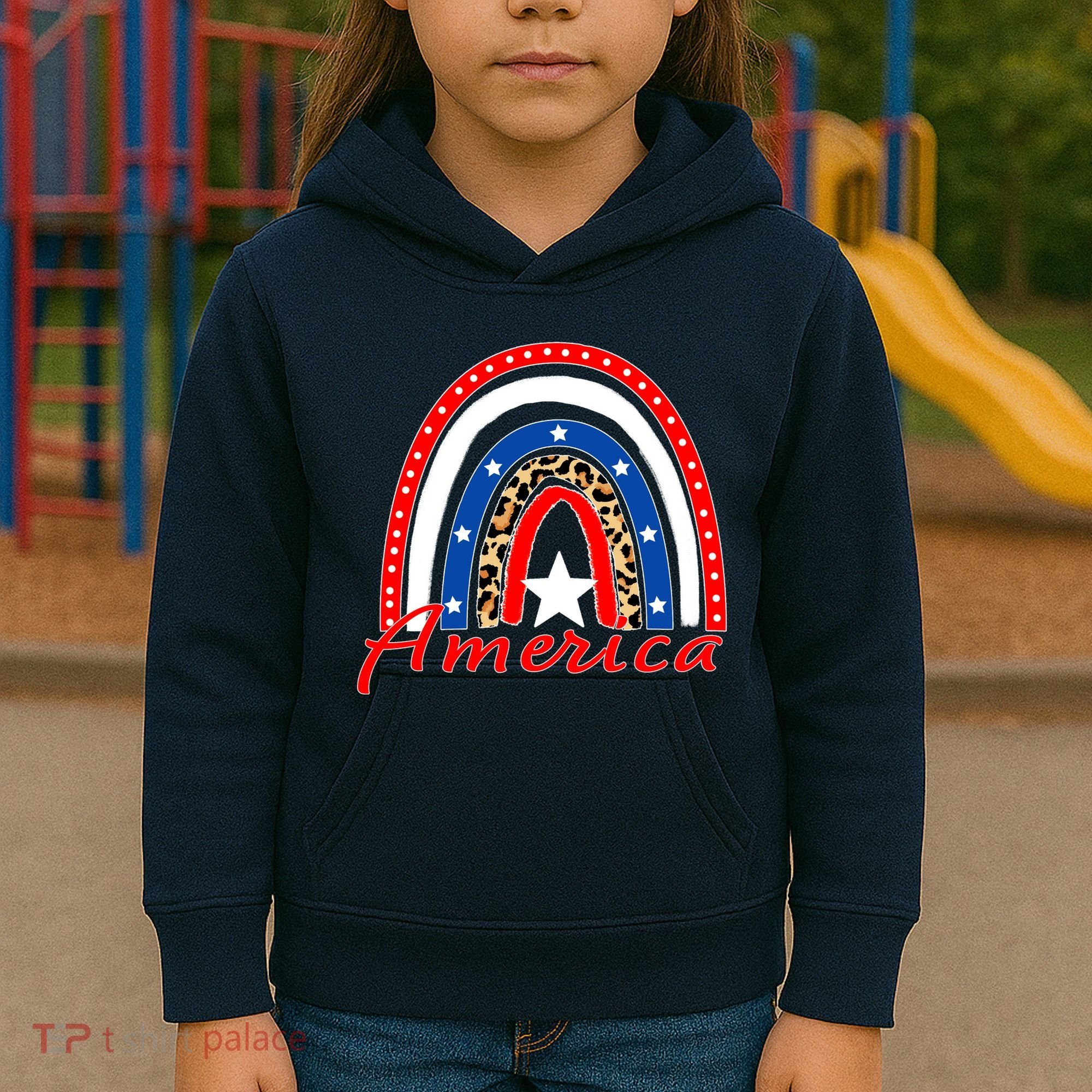 Rainbow Leopard American Flag 4th of July Kids Hoodie