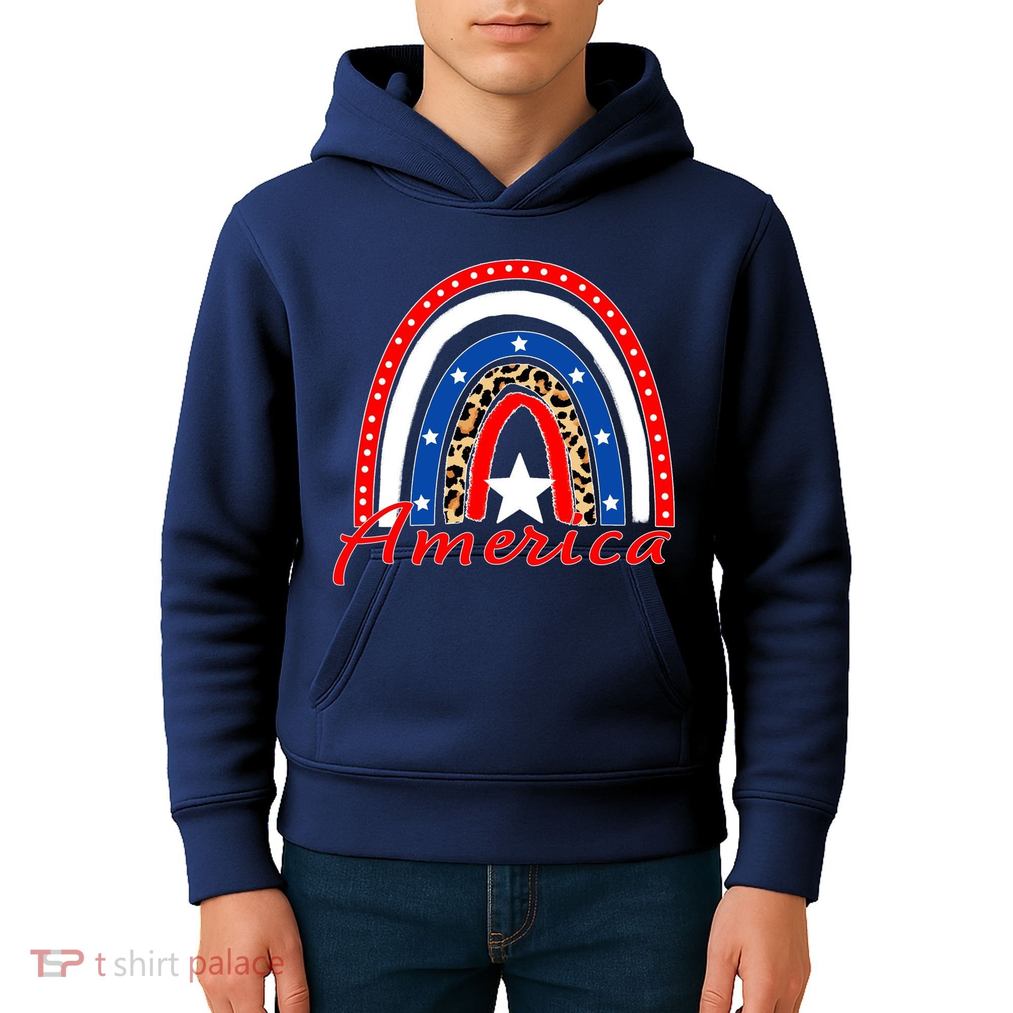 Rainbow Leopard American Flag 4th of July Kids Hoodie