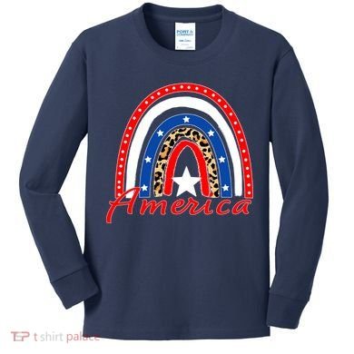 Rainbow Leopard American Flag 4th of July Kids Long Sleeve Shirt