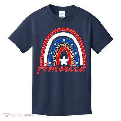 Rainbow Leopard American Flag 4th of July Kids T-Shirt
