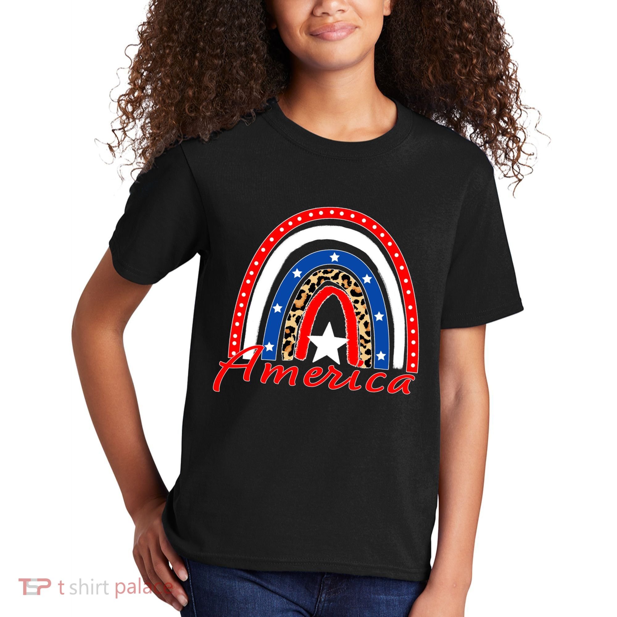 Rainbow Leopard American Flag 4th of July Kids T-Shirt