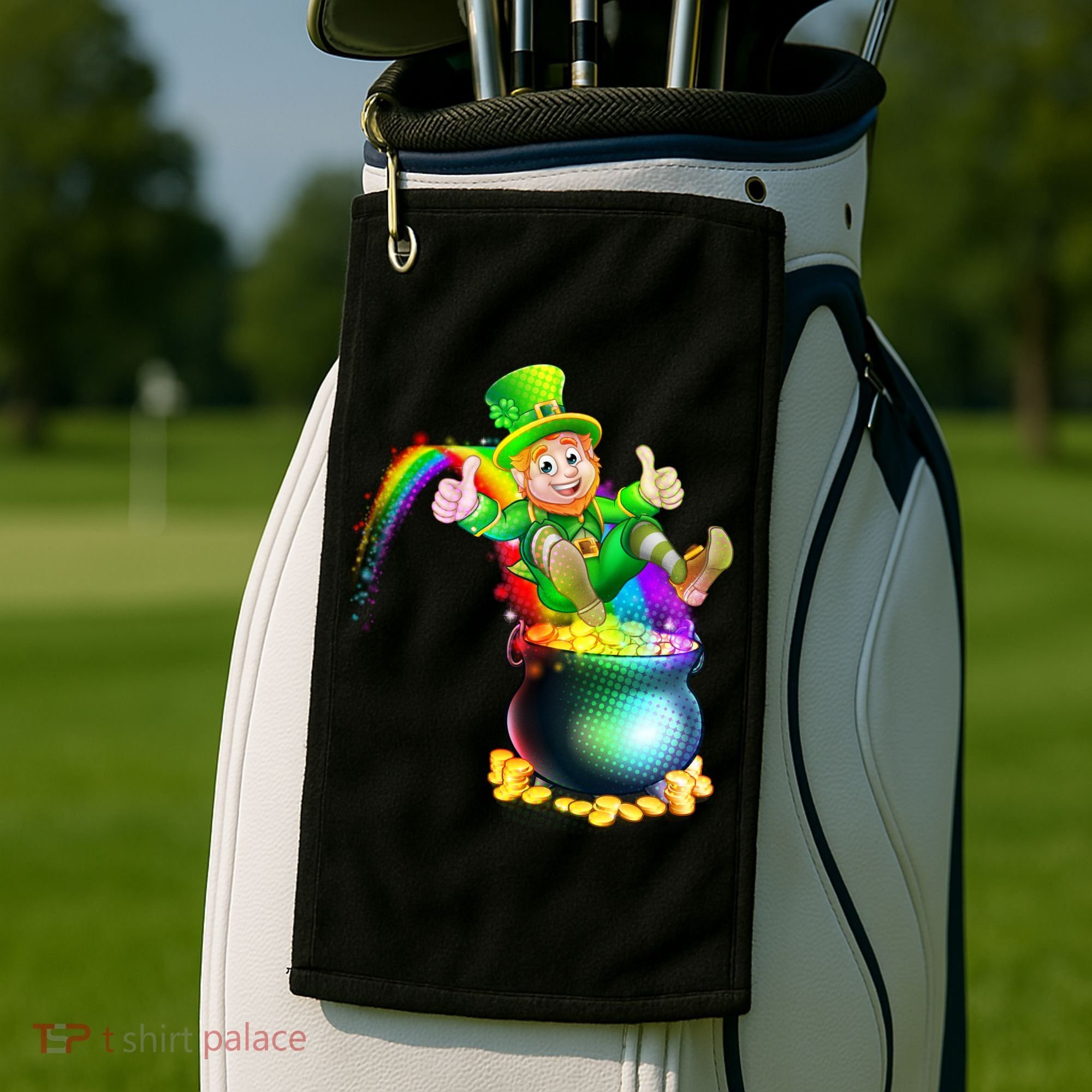 Rainbow Leprechaun Sliding Into A Pot Of  Gold Golf Towel