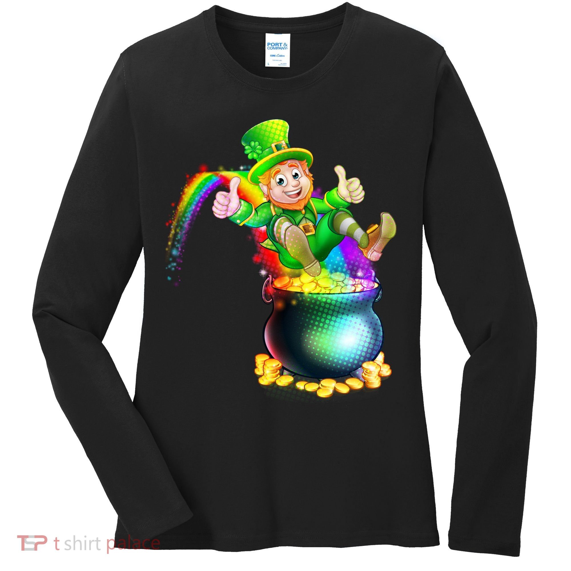 Rainbow Leprechaun Sliding Into A Pot Of  Gold Women's Long Sleeve Shirt