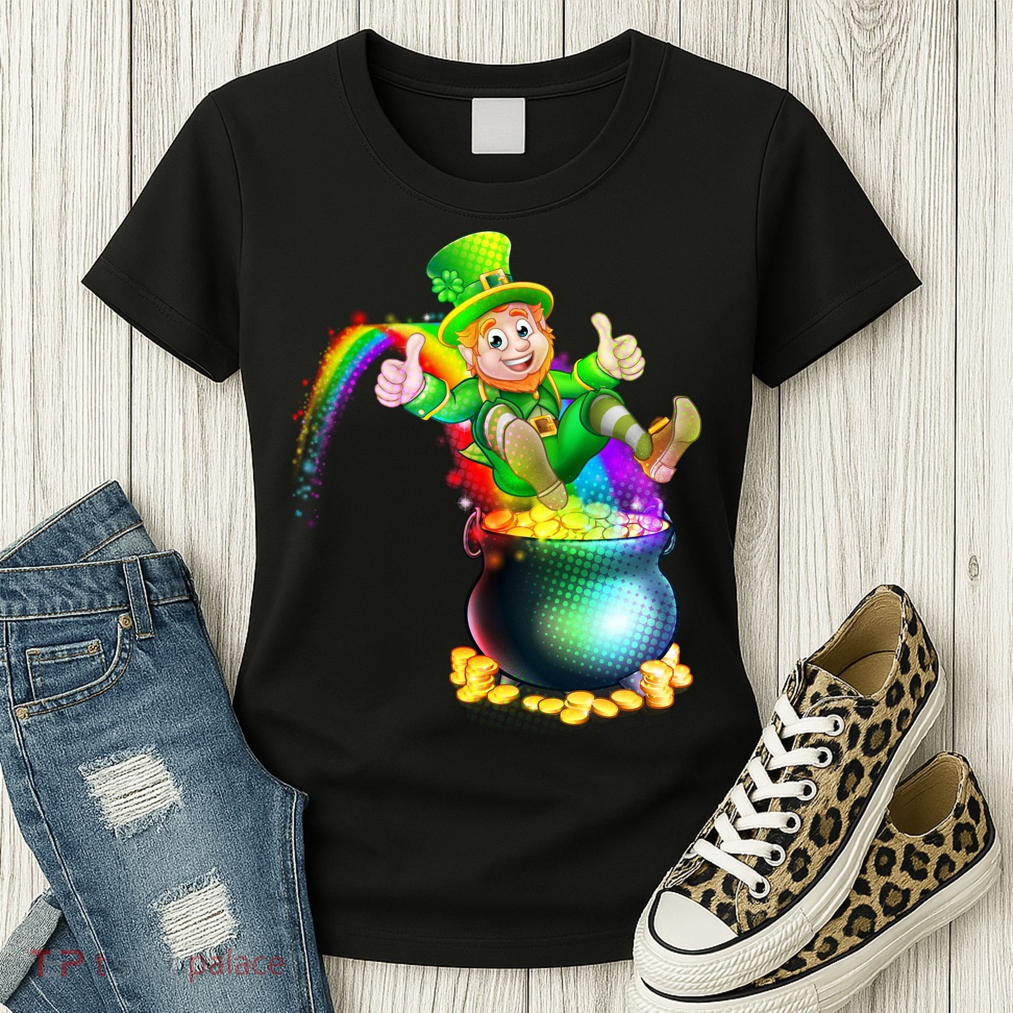 Rainbow Leprechaun Sliding Into A Pot Of  Gold Women's T-Shirt