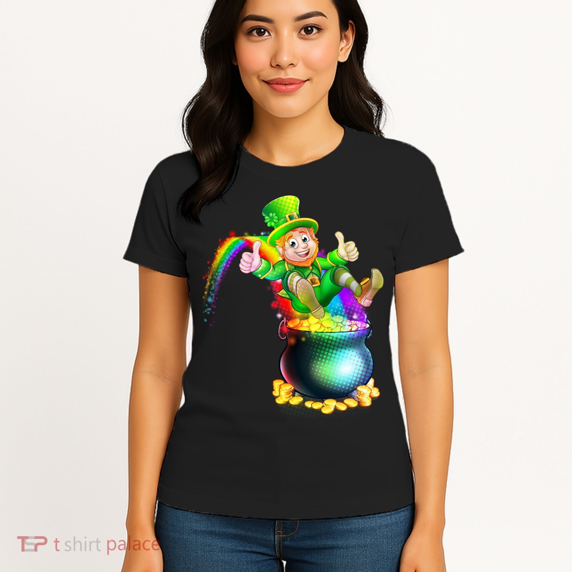 Rainbow Leprechaun Sliding Into A Pot Of  Gold Women's T-Shirt