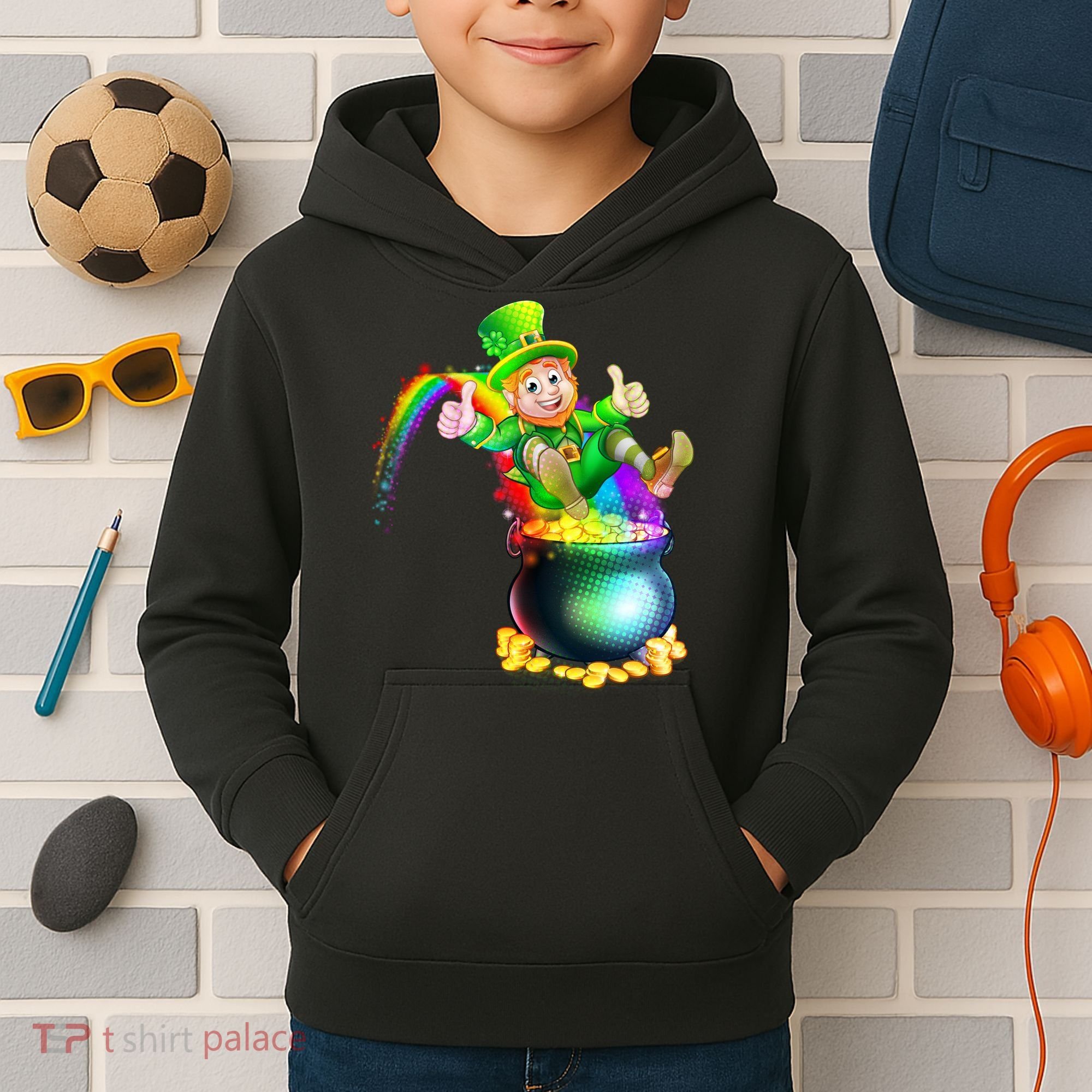 Rainbow Leprechaun Sliding Into A Pot Of  Gold Kids Hoodie