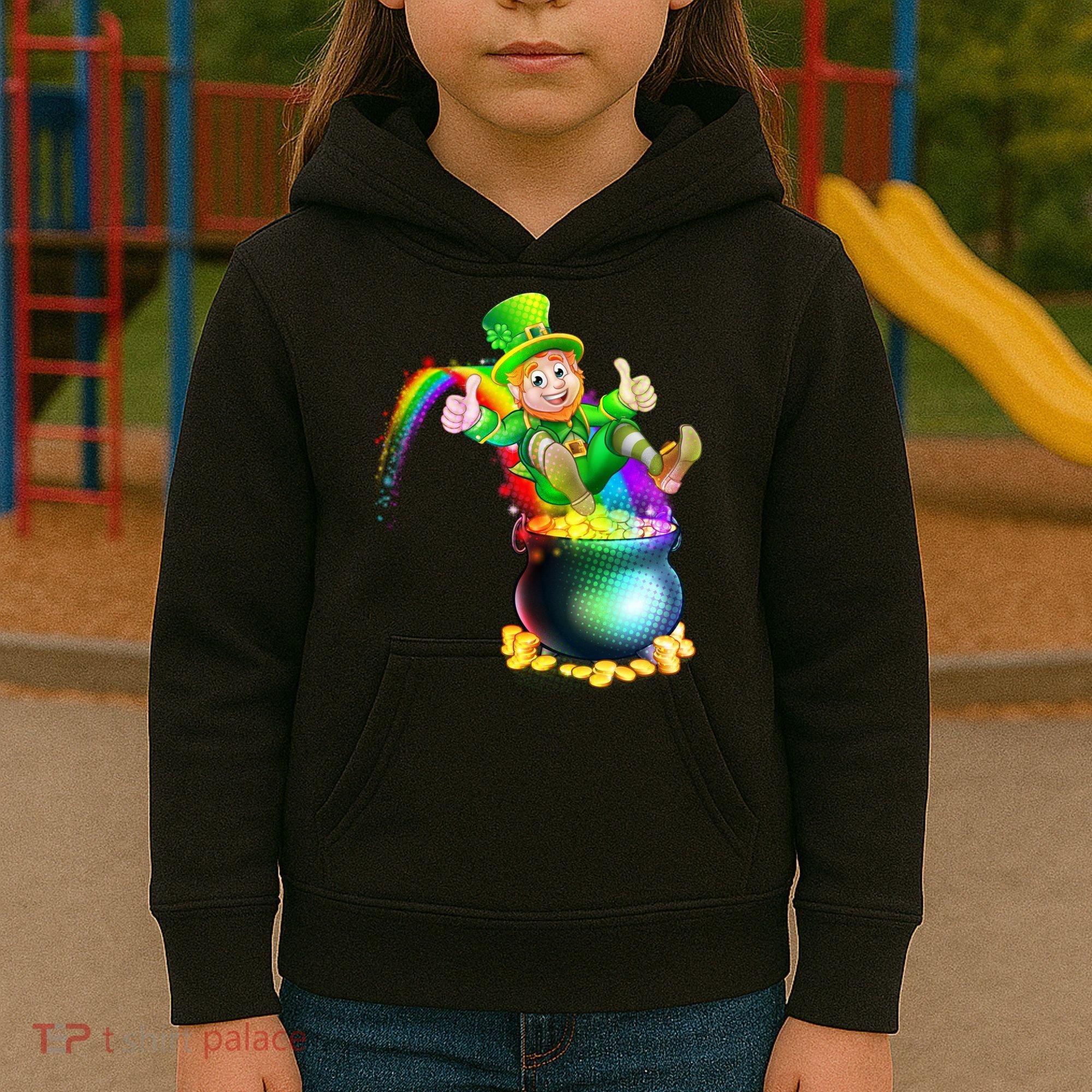 Rainbow Leprechaun Sliding Into A Pot Of  Gold Kids Hoodie