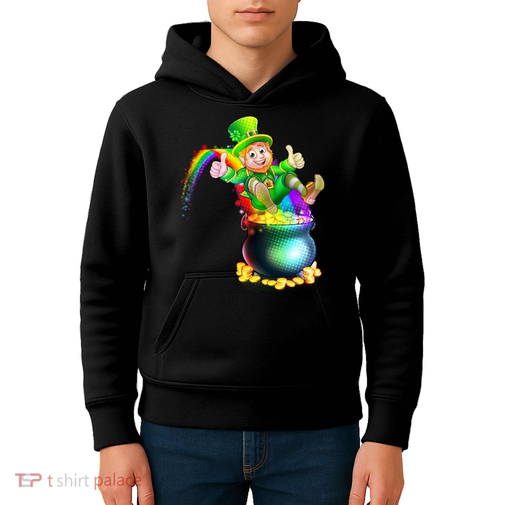 Rainbow Leprechaun Sliding Into A Pot Of  Gold Kids Hoodie