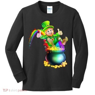 Rainbow Leprechaun Sliding Into A Pot Of  Gold Kids Long Sleeve Shirt