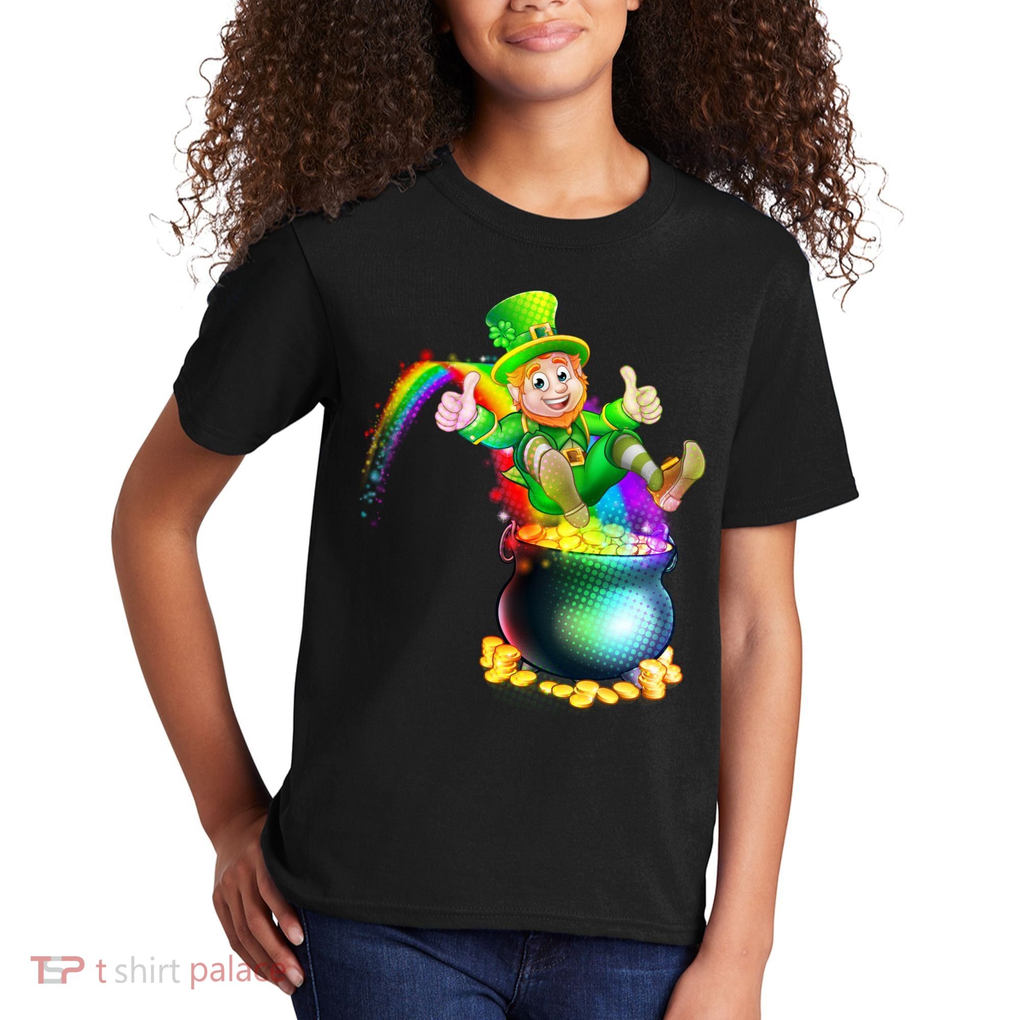 Rainbow Leprechaun Sliding Into A Pot Of  Gold Kids T-Shirt
