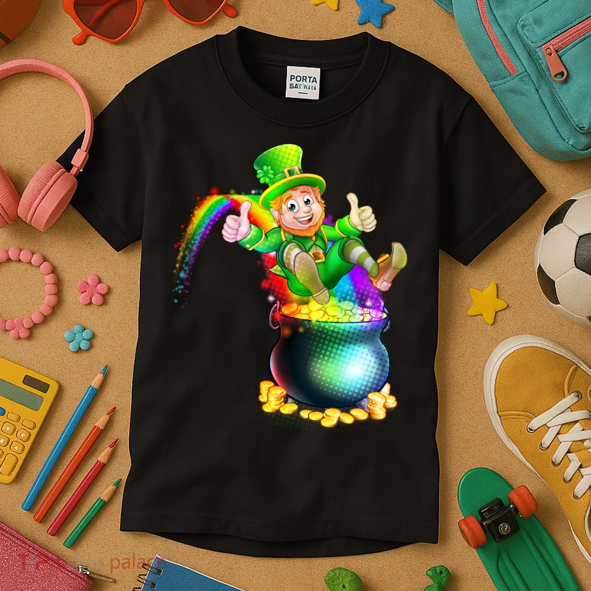 Rainbow Leprechaun Sliding Into A Pot Of  Gold Kids T-Shirt