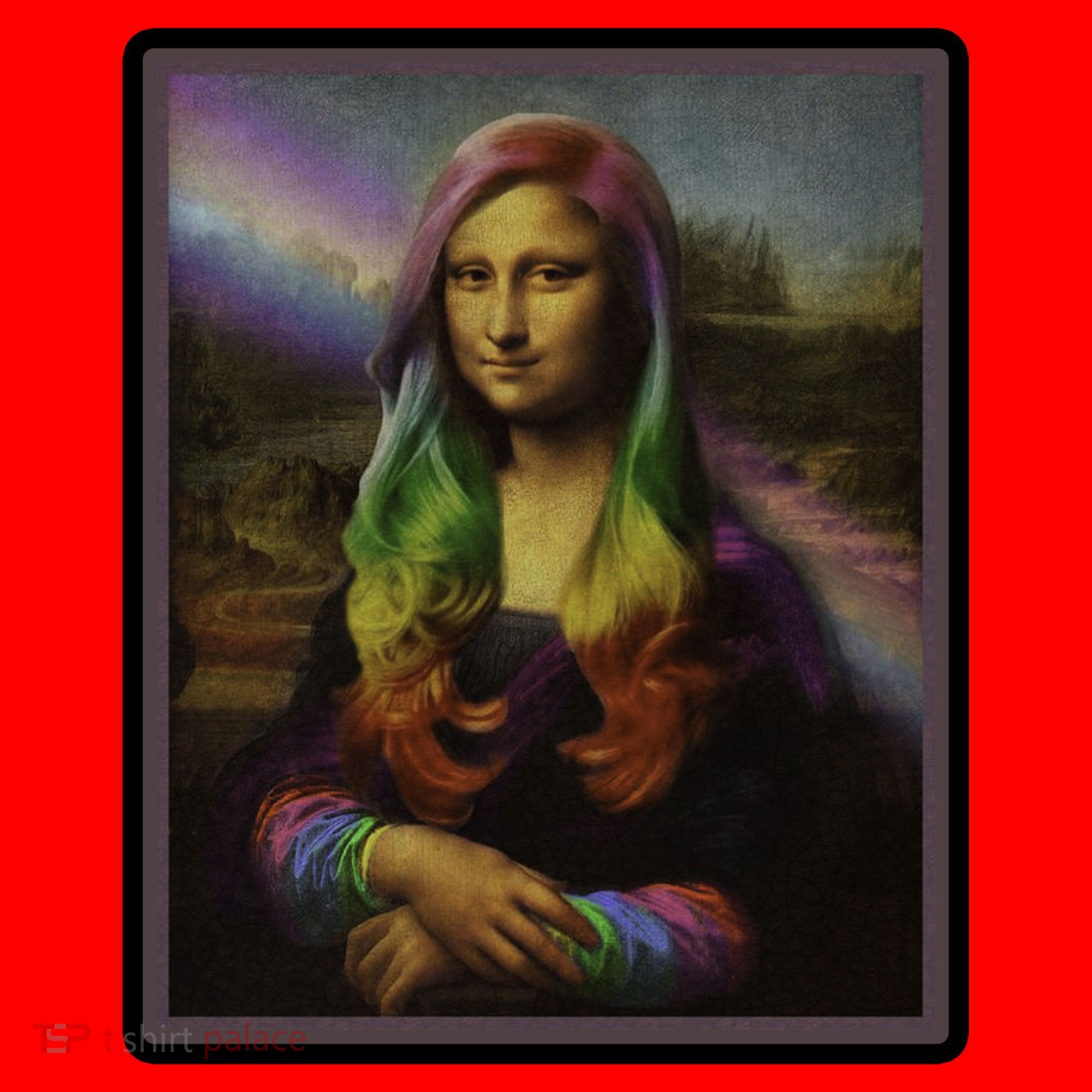 Rainbow Mona Lisa Art Painting Santa Hat